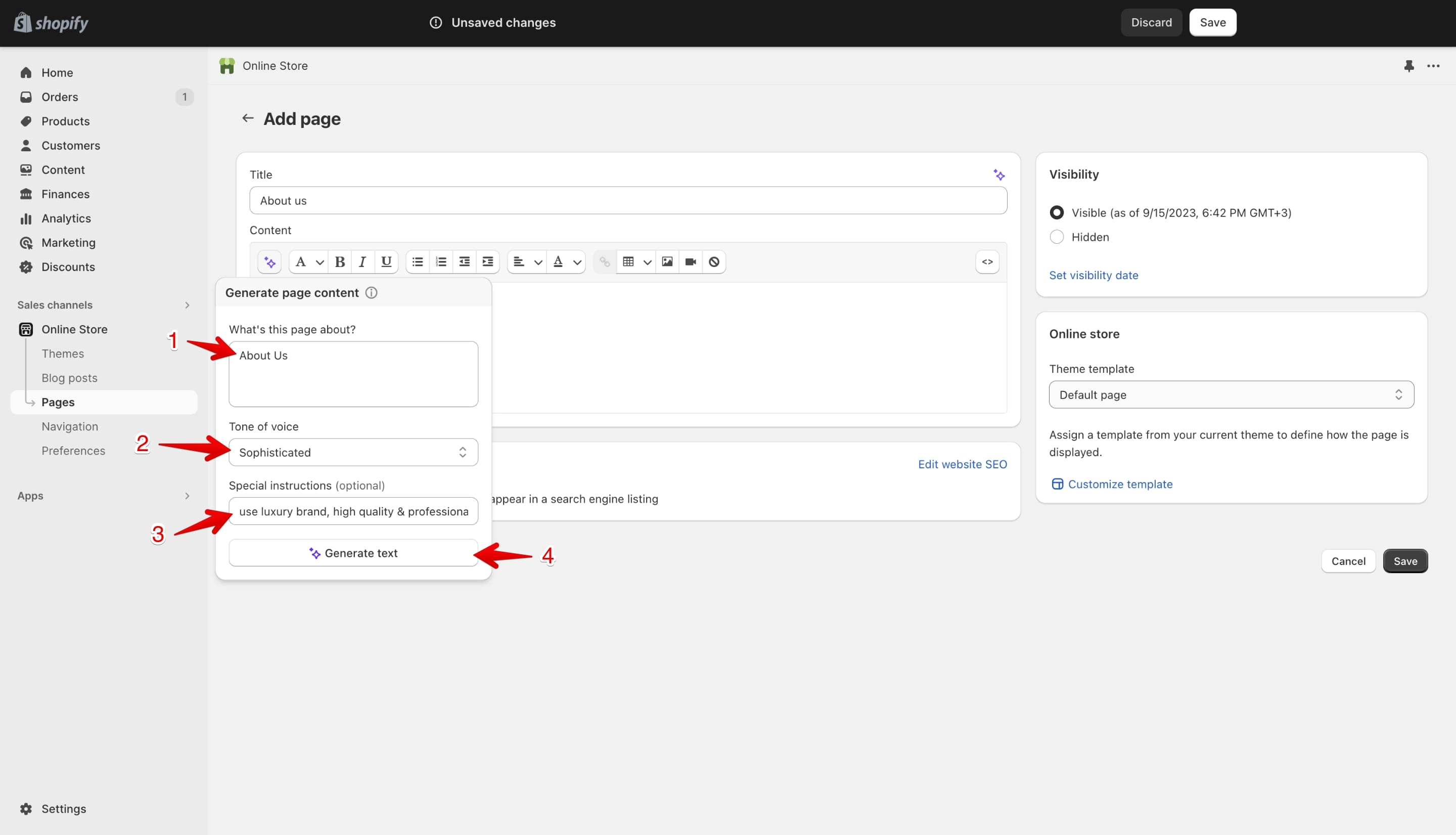 Shopify AI prompting for the page content