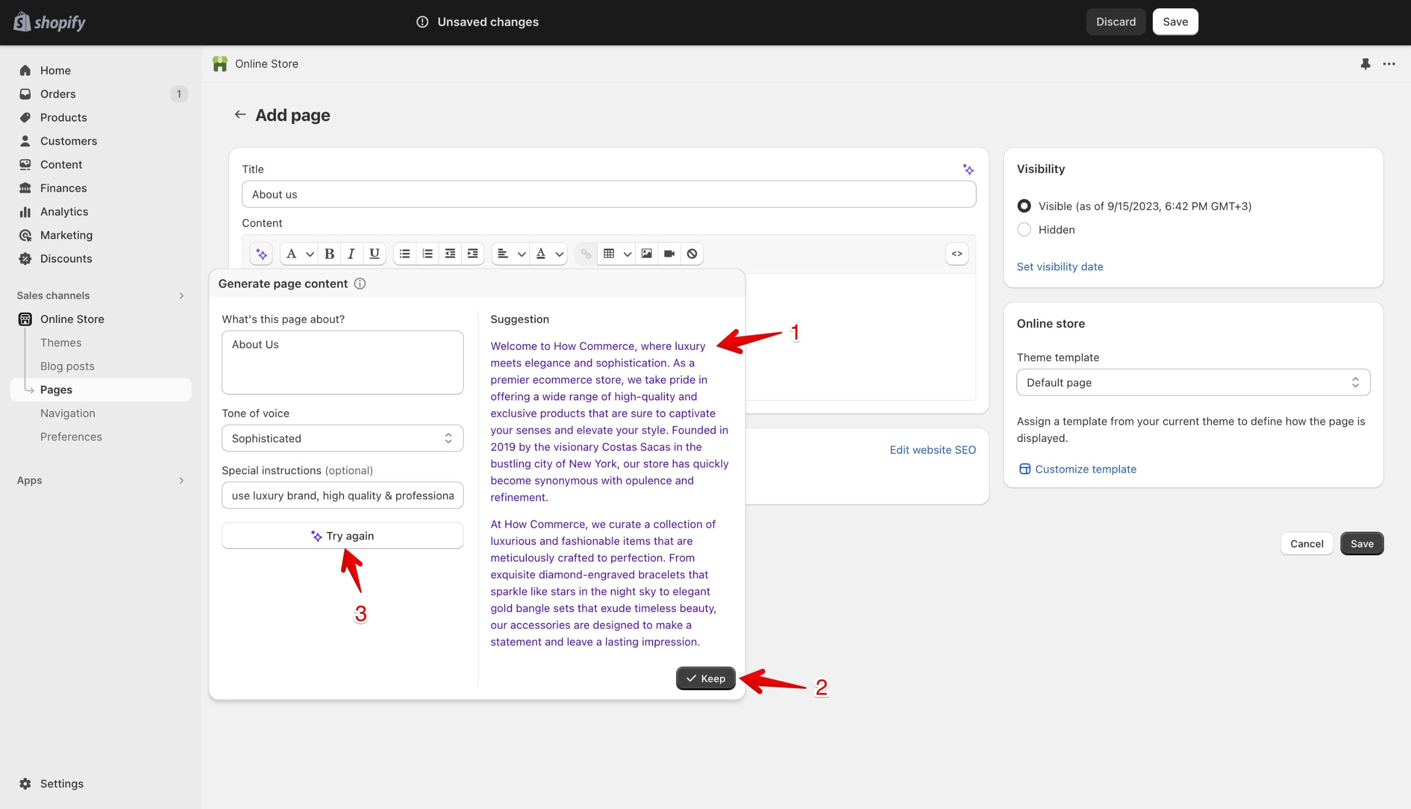 Shopify AI suggestions for the page content