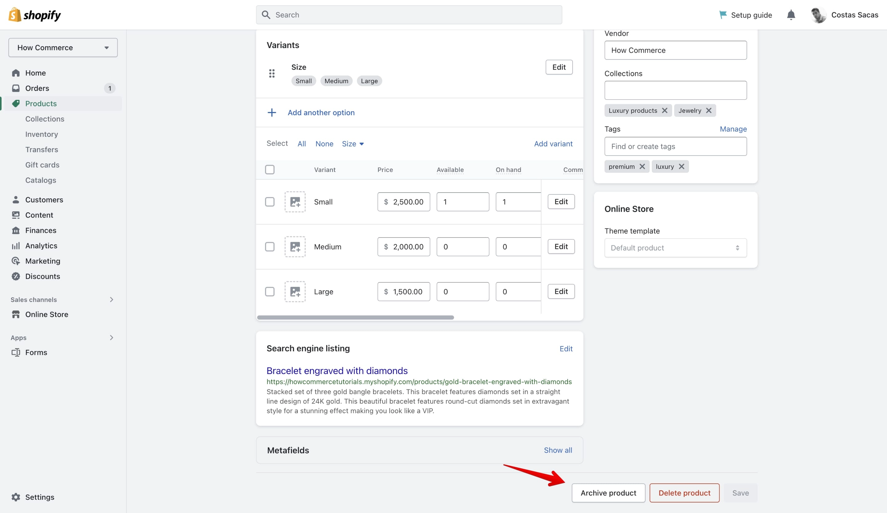 Archive product button listed on the Shopify product page