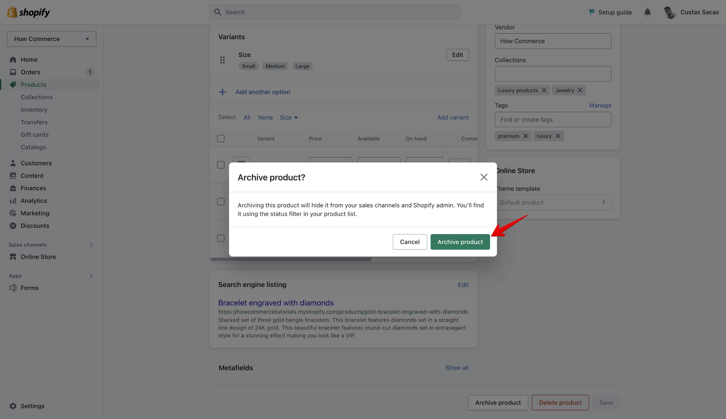 Archive product button listed on the Shopify product page pop-up
