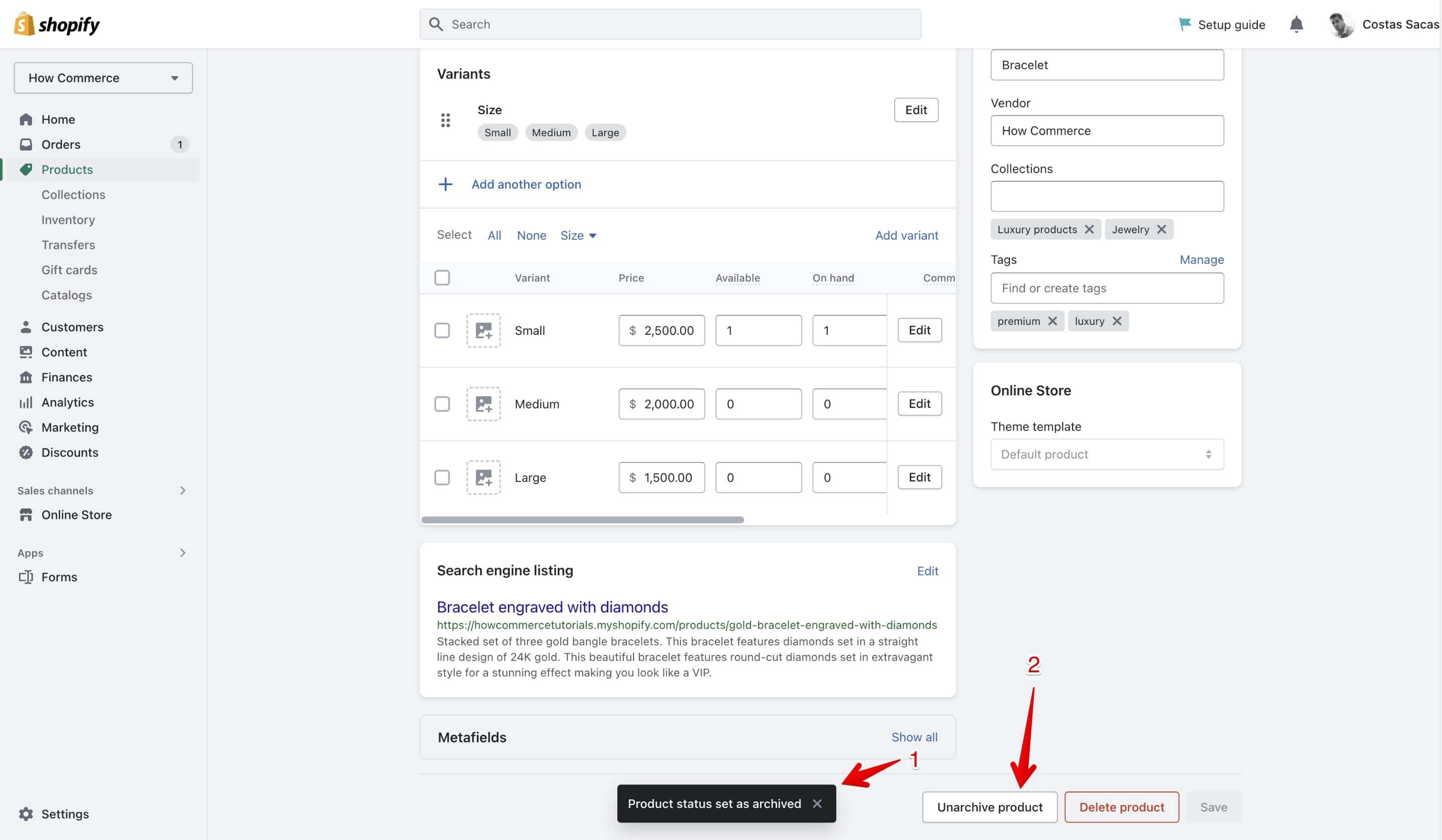 Archive product success message