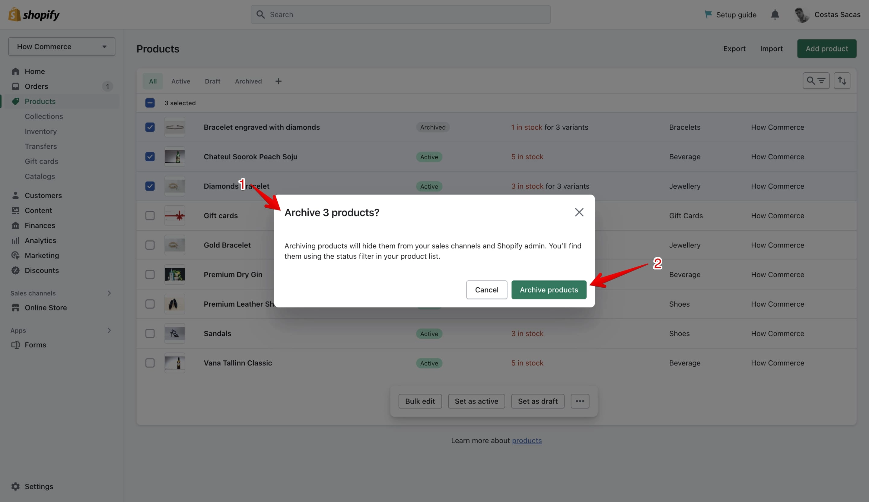 Archive products in bulk confirmation pop-up