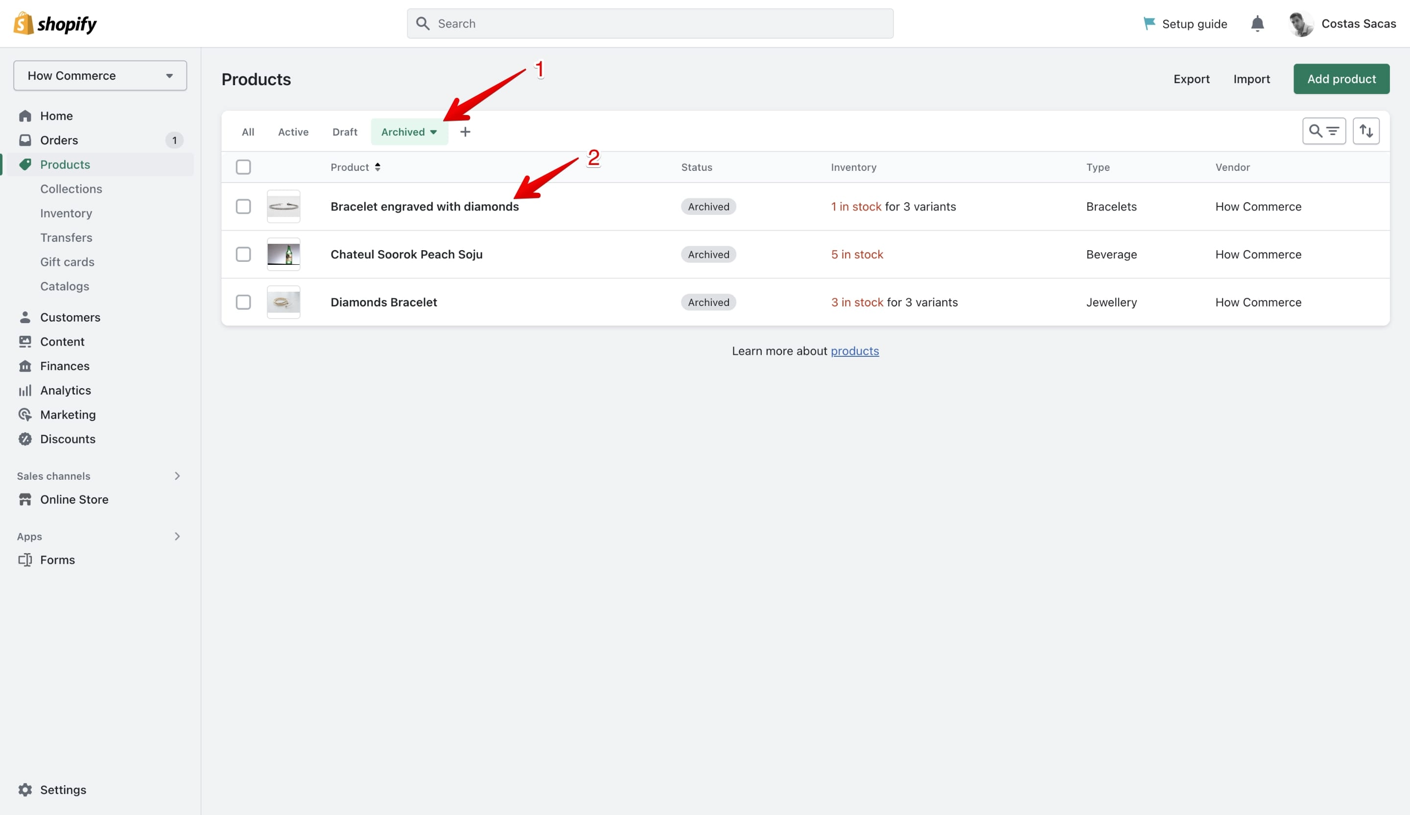 Archived products tab in Shopify