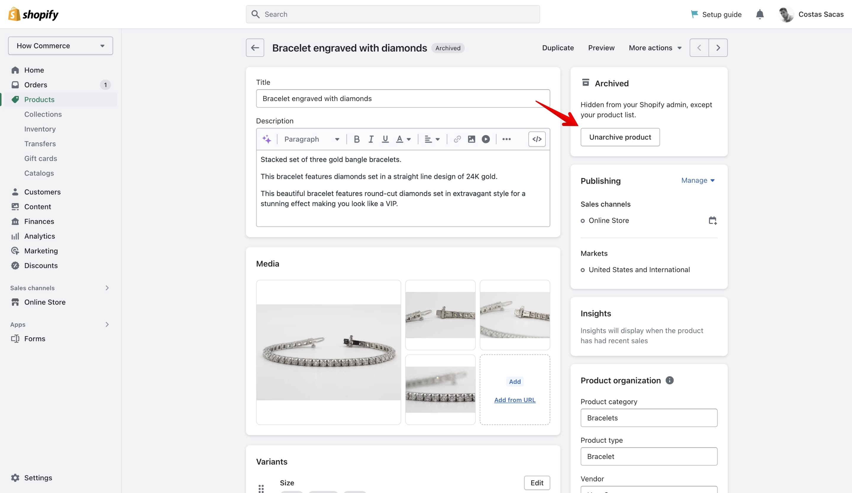 Unarchive product button on the Shopify product page