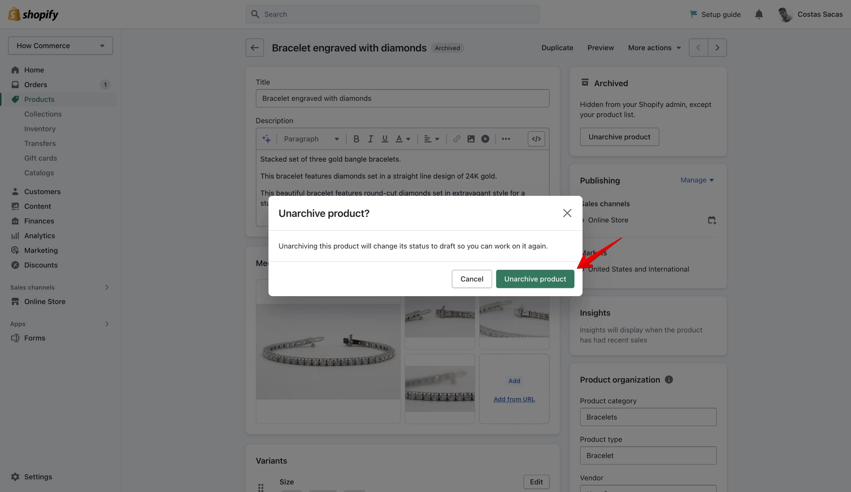 Unarchive product confirmation on Shopify