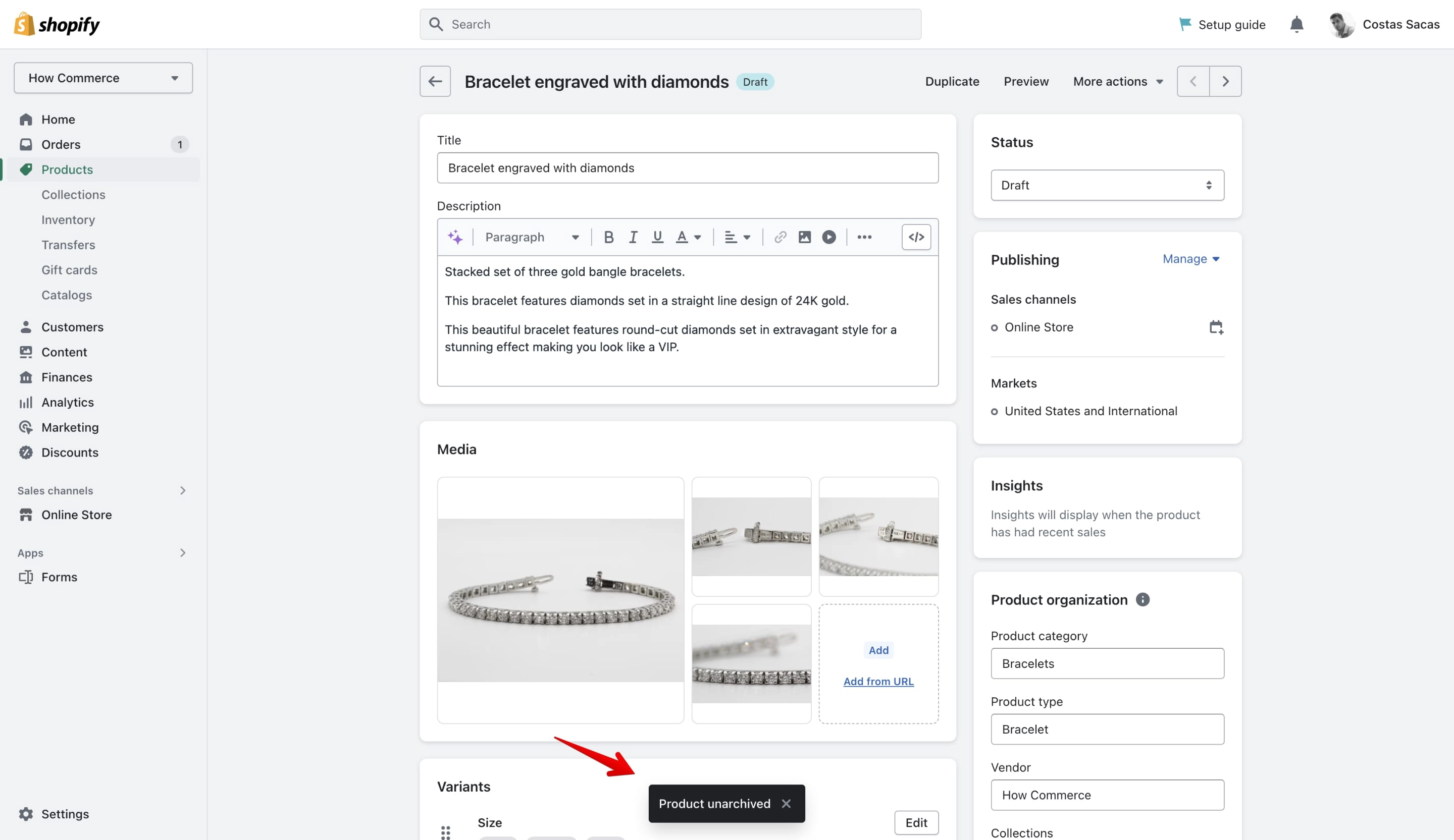 Unarchive product success message