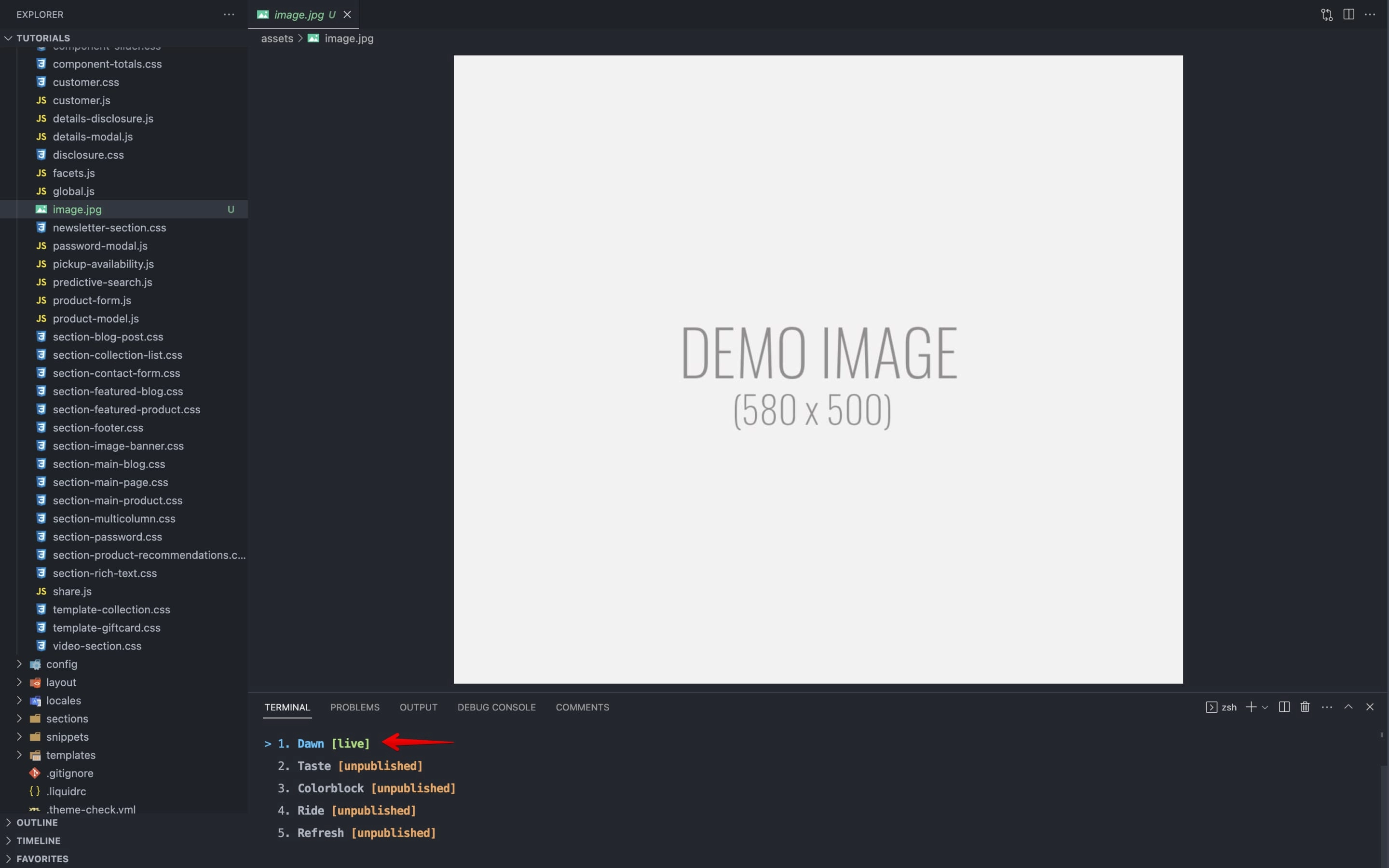 Shopify CLI listing available themes for uploading the file