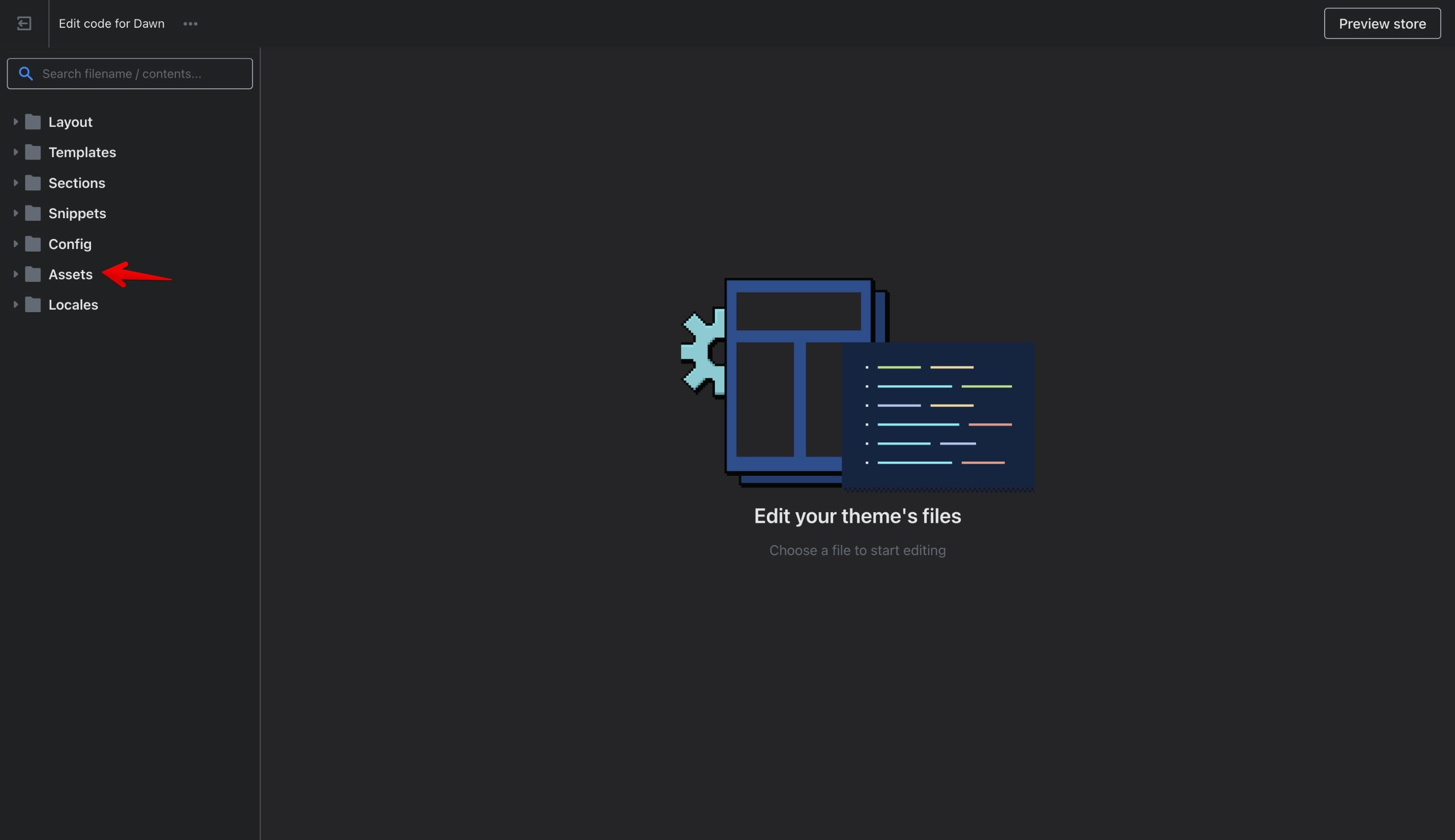 Shopify's assets folder inside the cloud theme code editor