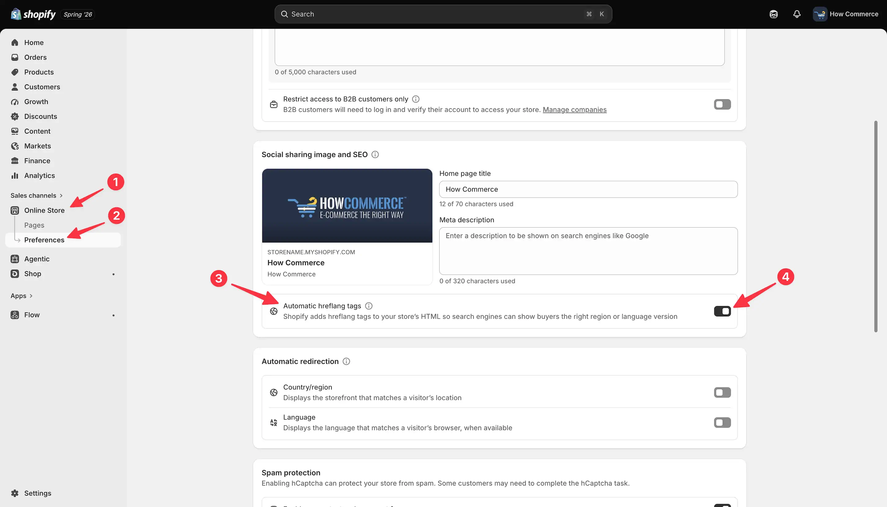 Automatic hreflang tags section on the Shopify admin