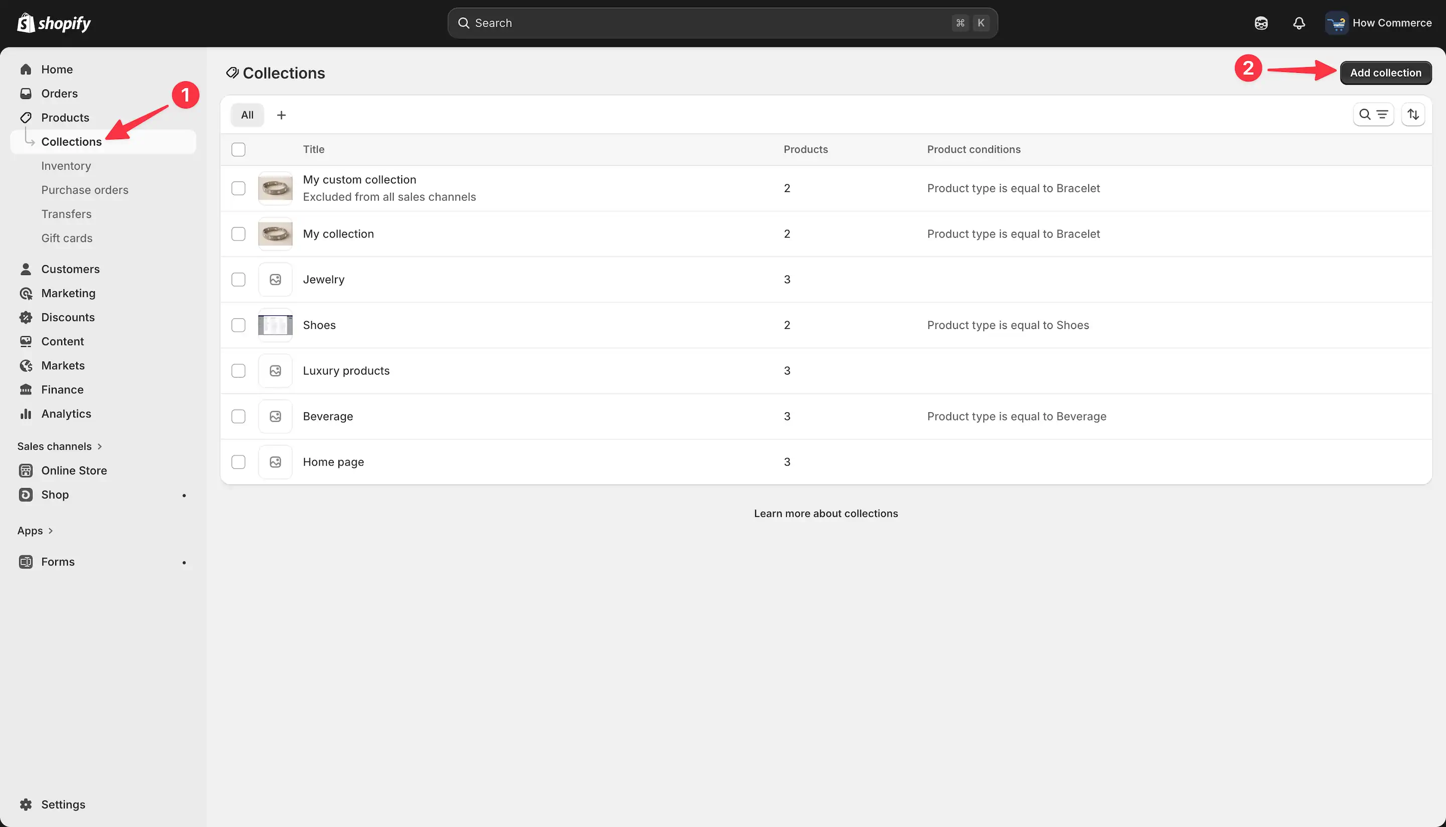 Shopify Collections listing page in admin