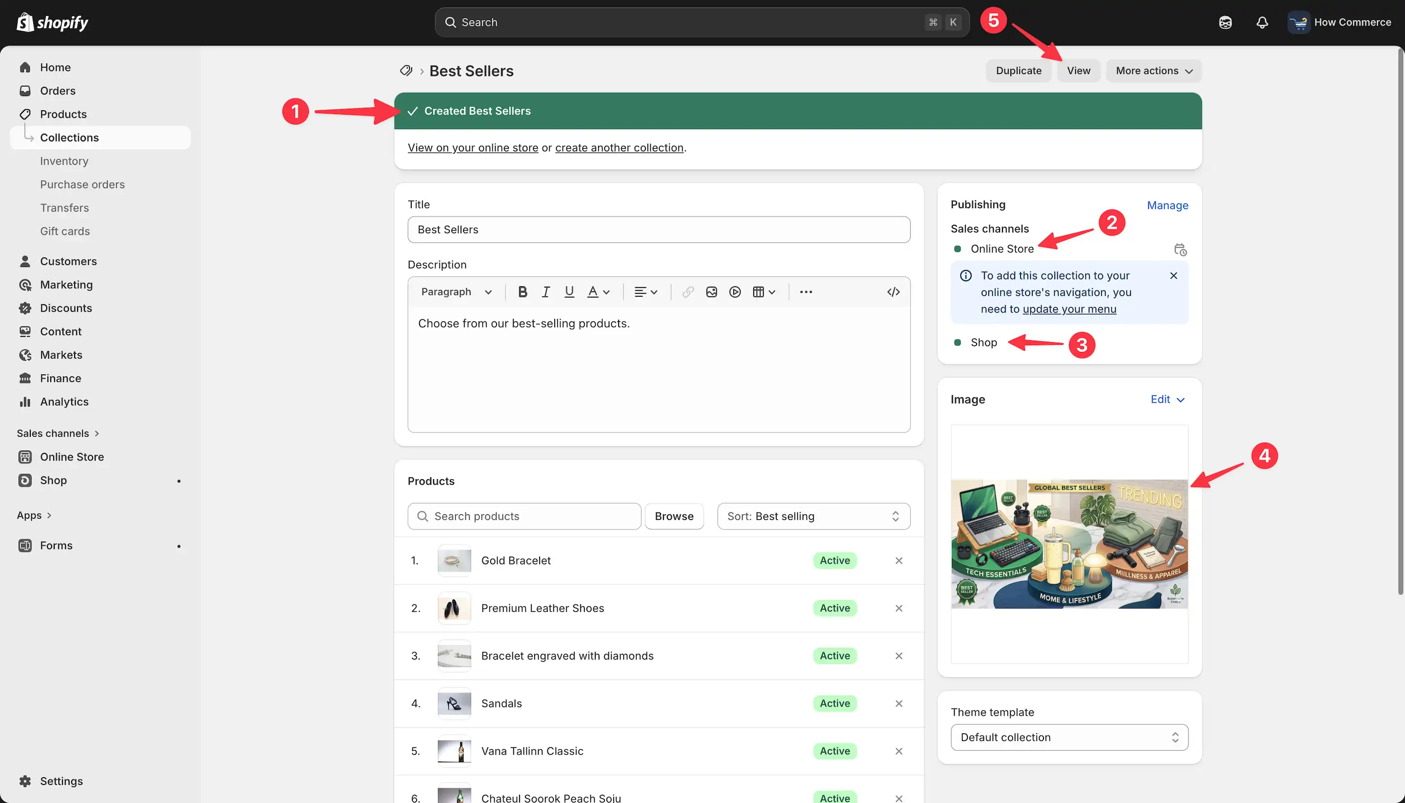 Successful message upon collection creation in Shopify admin