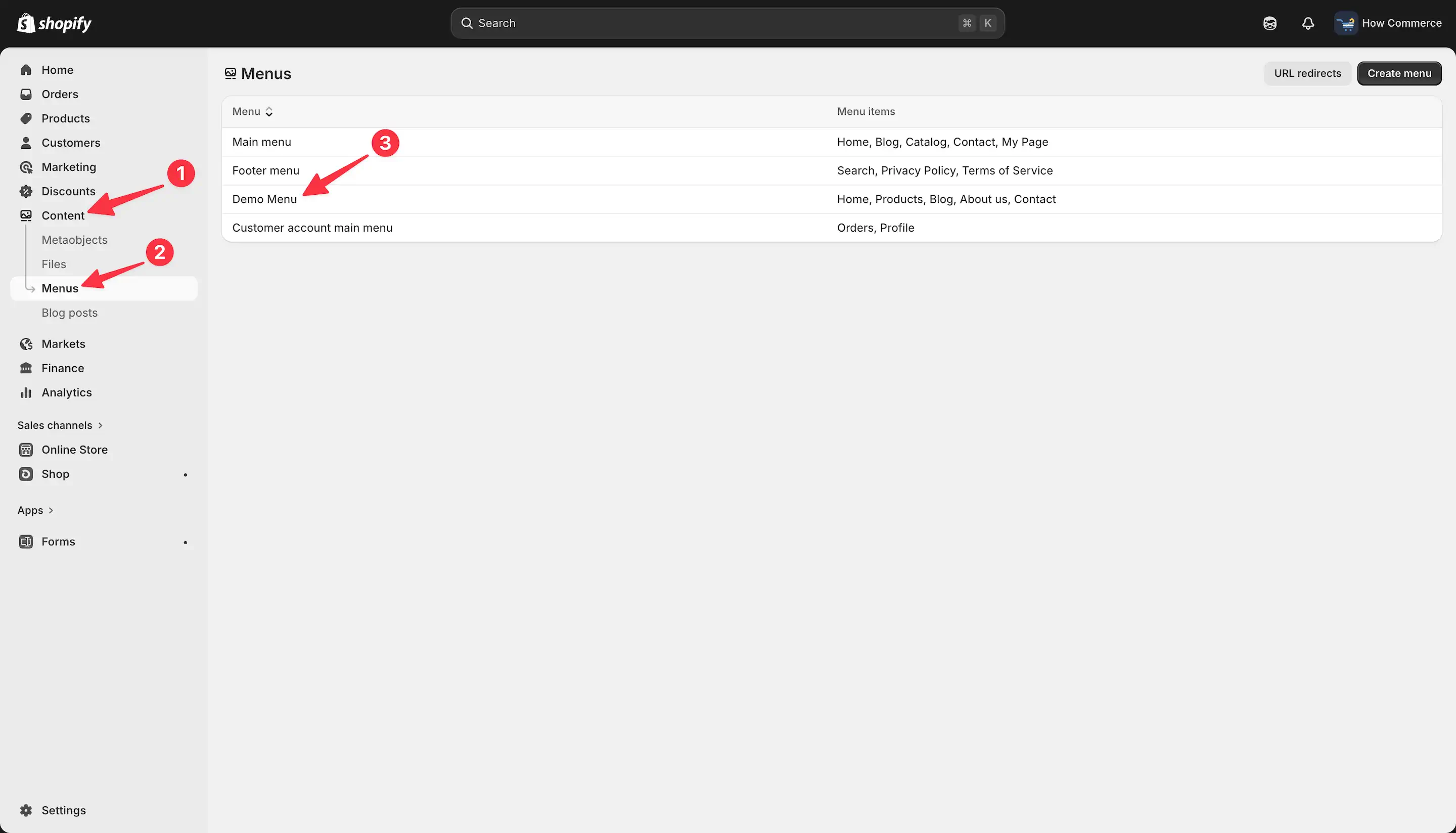 Menu selection on the menu listing page