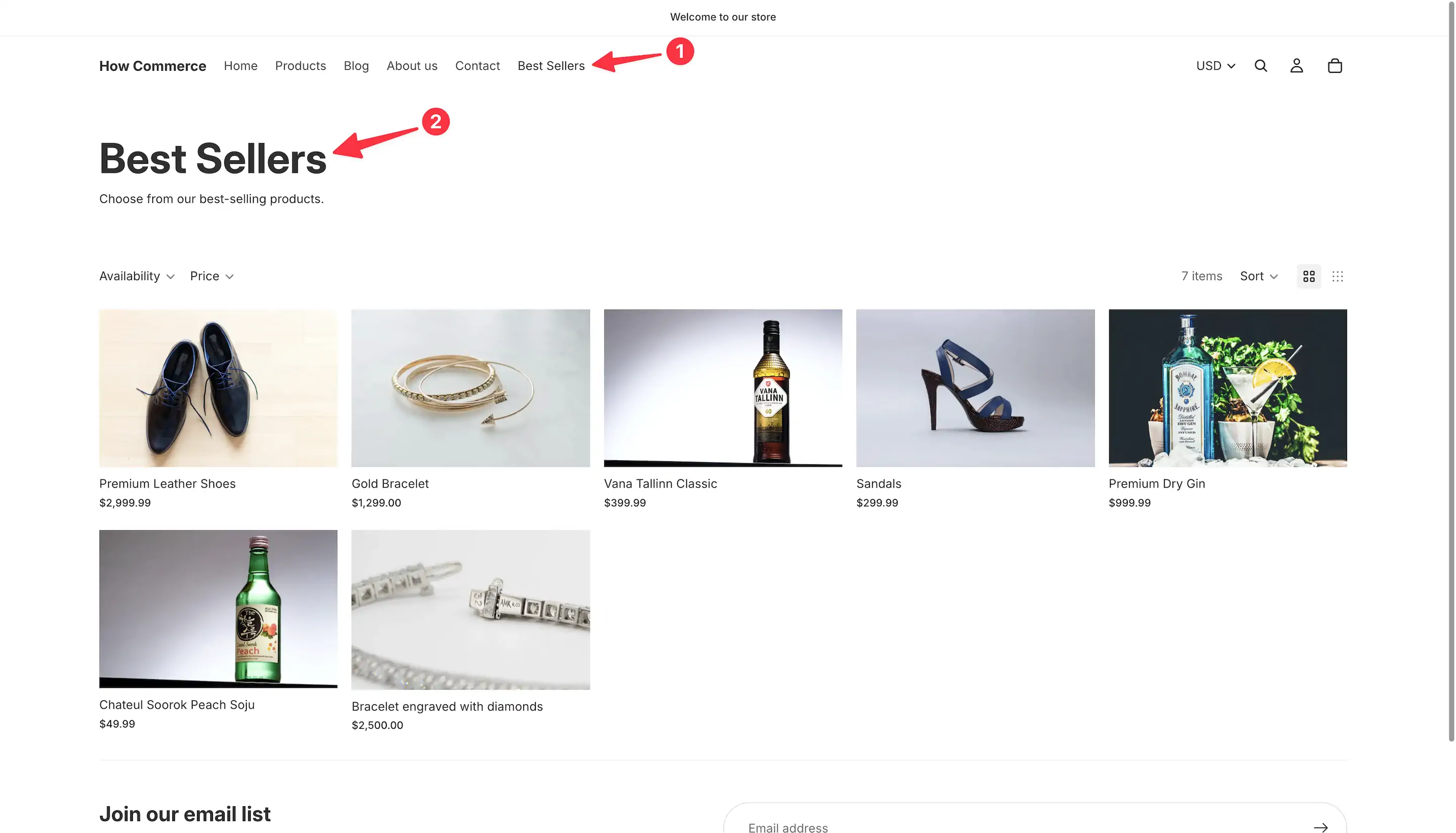 Best Sellers page listed on storefront