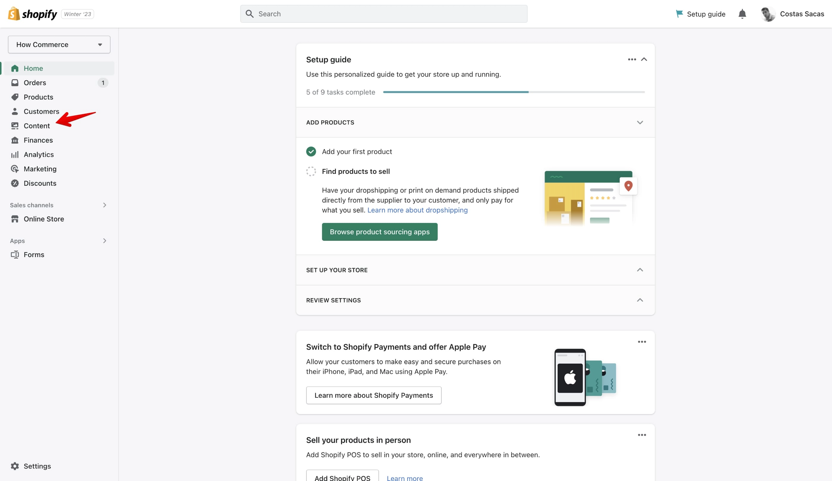 Content menu item on Shopify admin dashboard