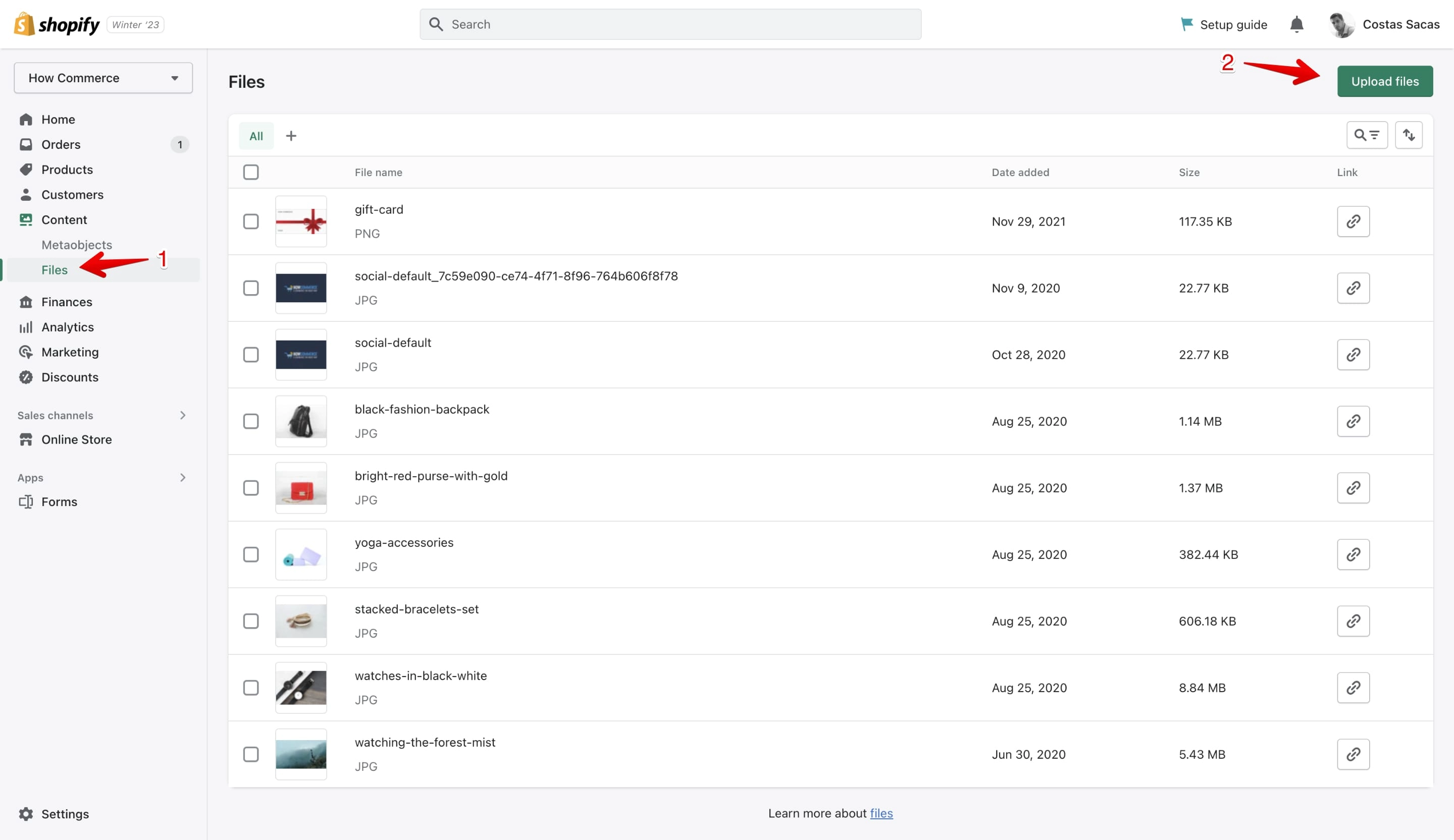 Shopify files listing page