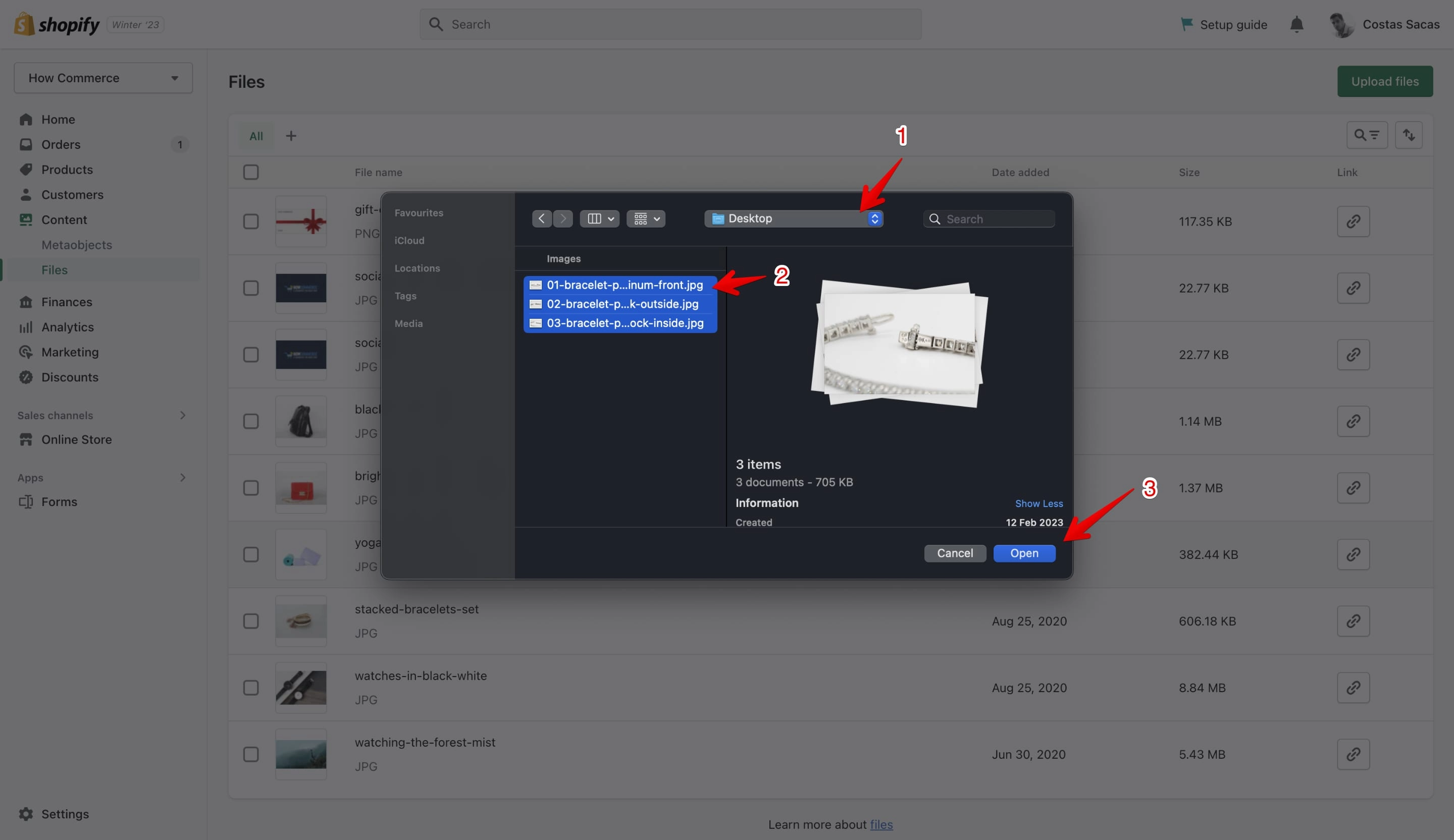 Shopify files selected from the local environment