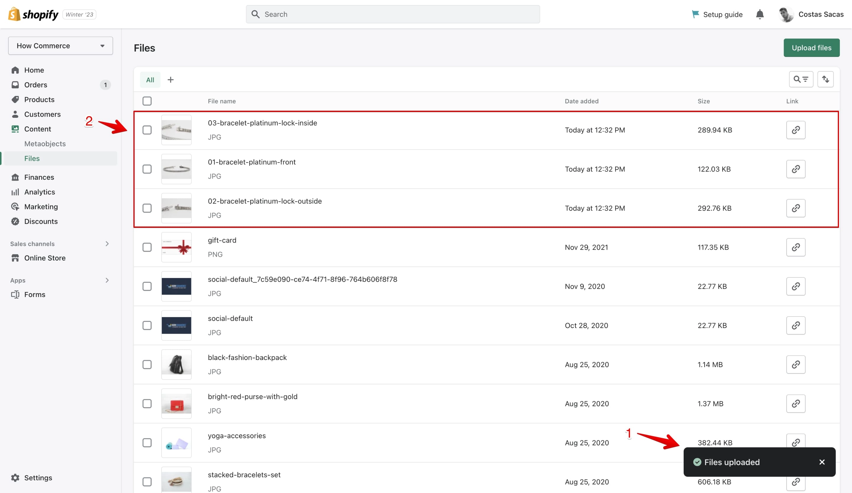 Shopify files uploaded listed and the Success message