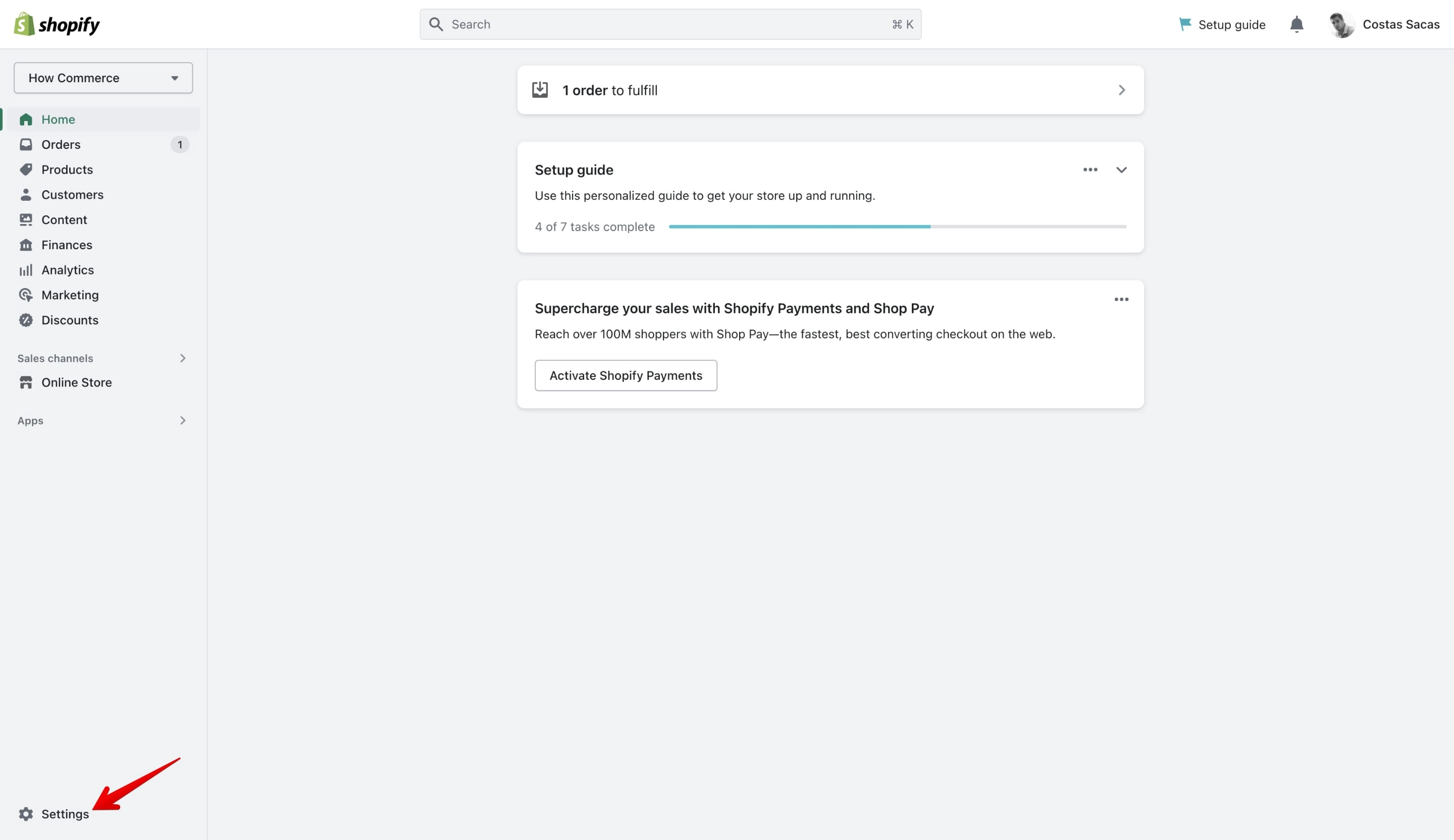 Shopify admin dashboard with Settings option highlighted