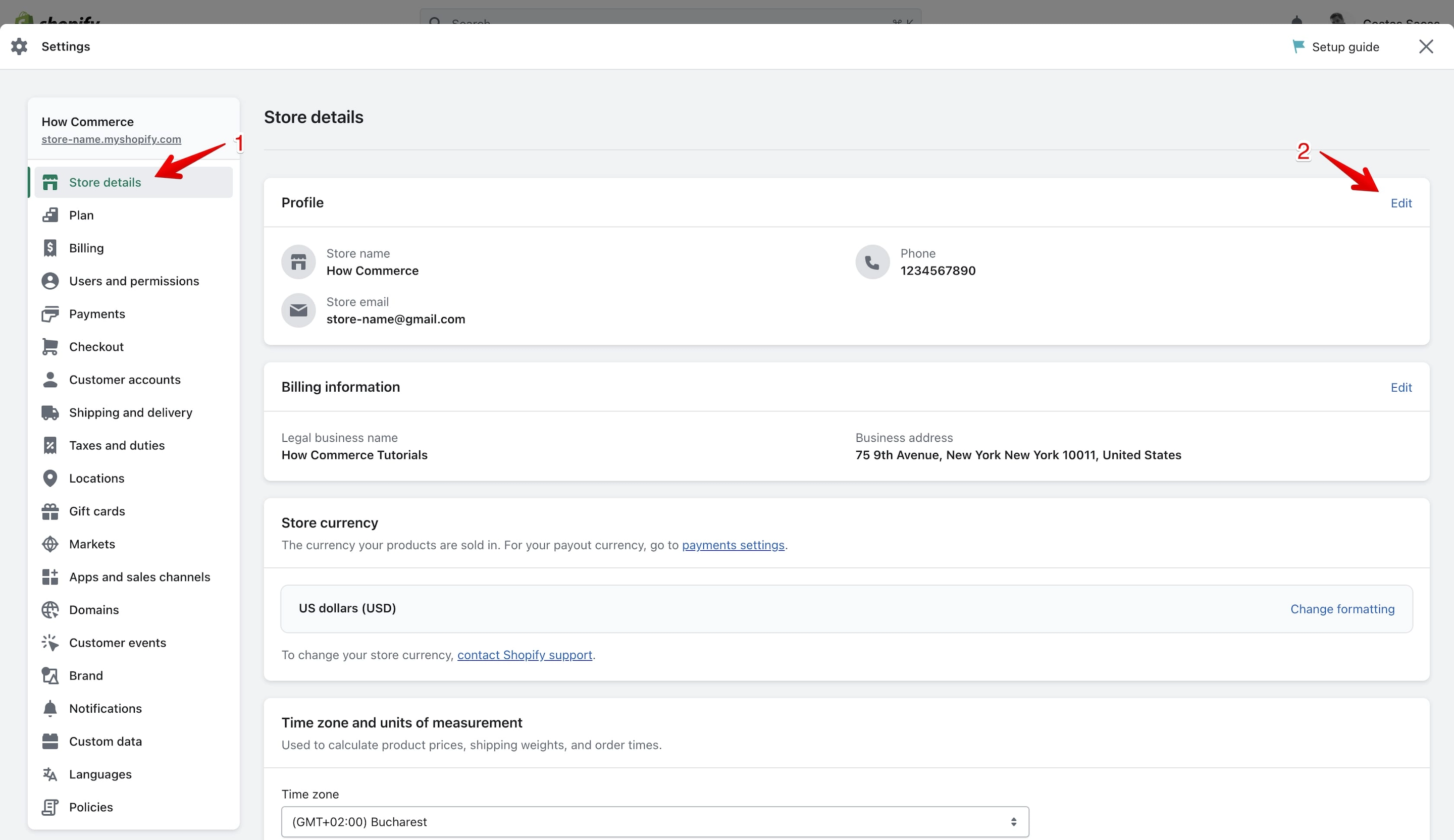 Shopify settings page with Store Details and Edit link highlighted