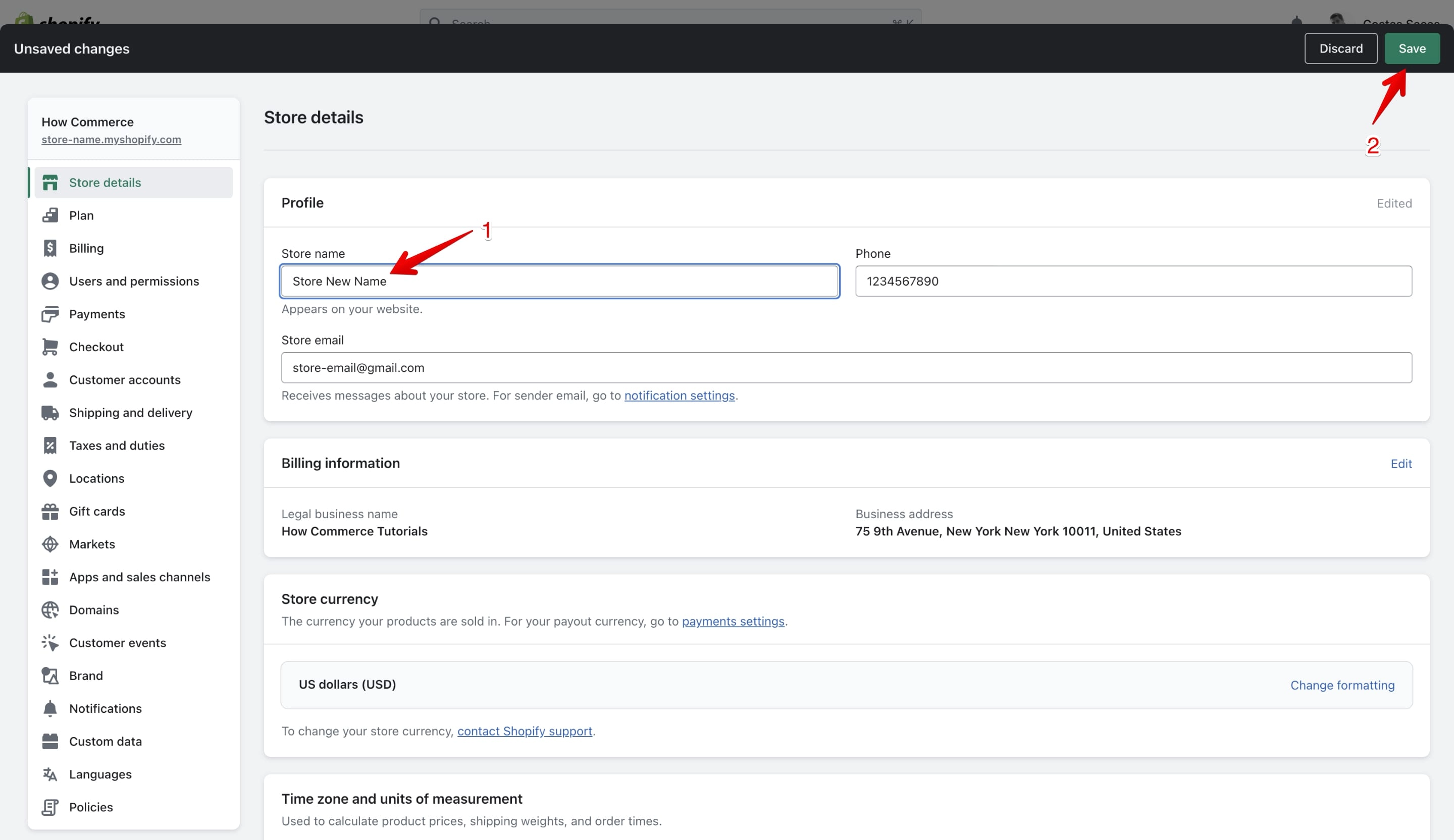 Shopify Store Details page with new store name entered and Save button highlighted