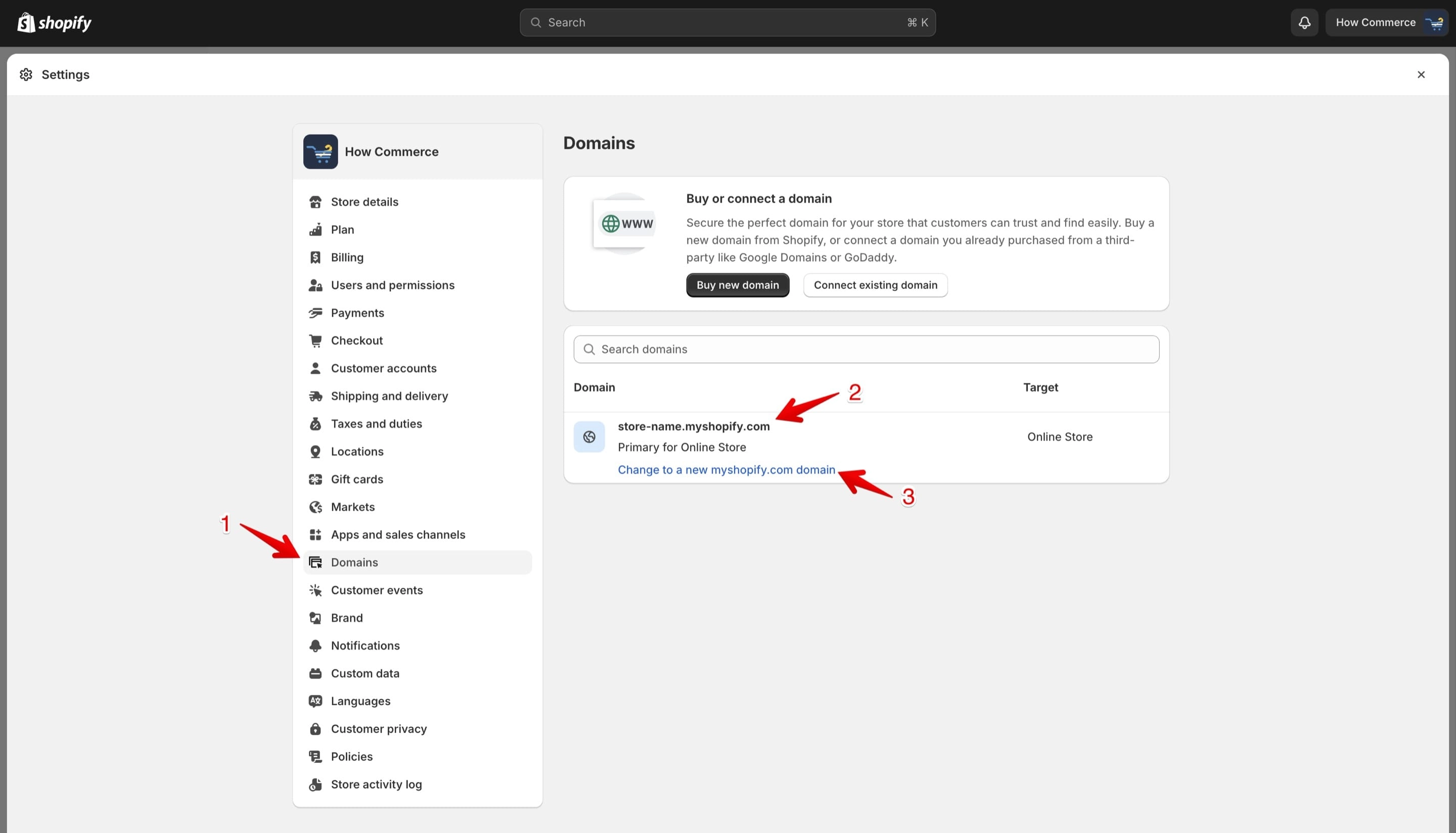 Shopify's Domains page