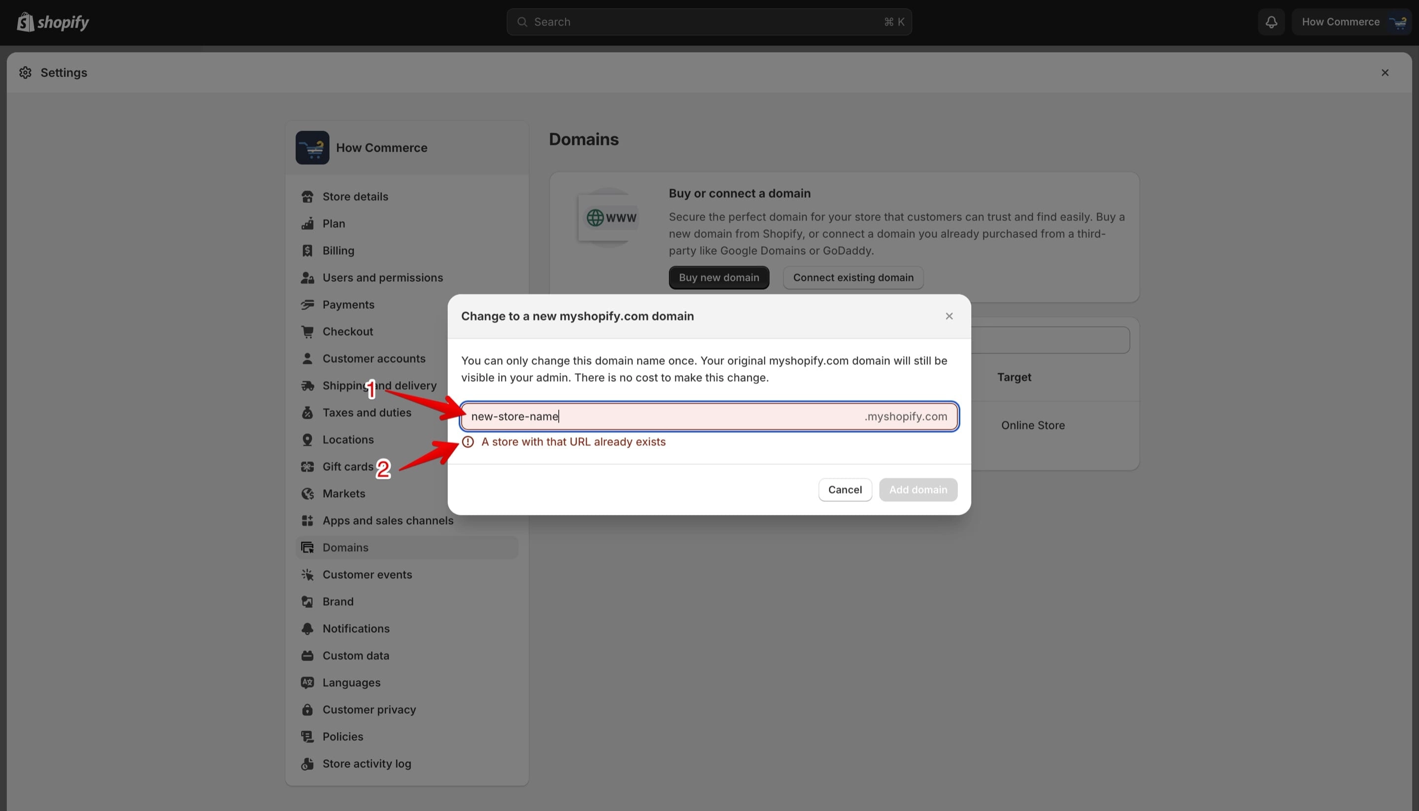 Error message when the new subdomain name is not available on Shopify