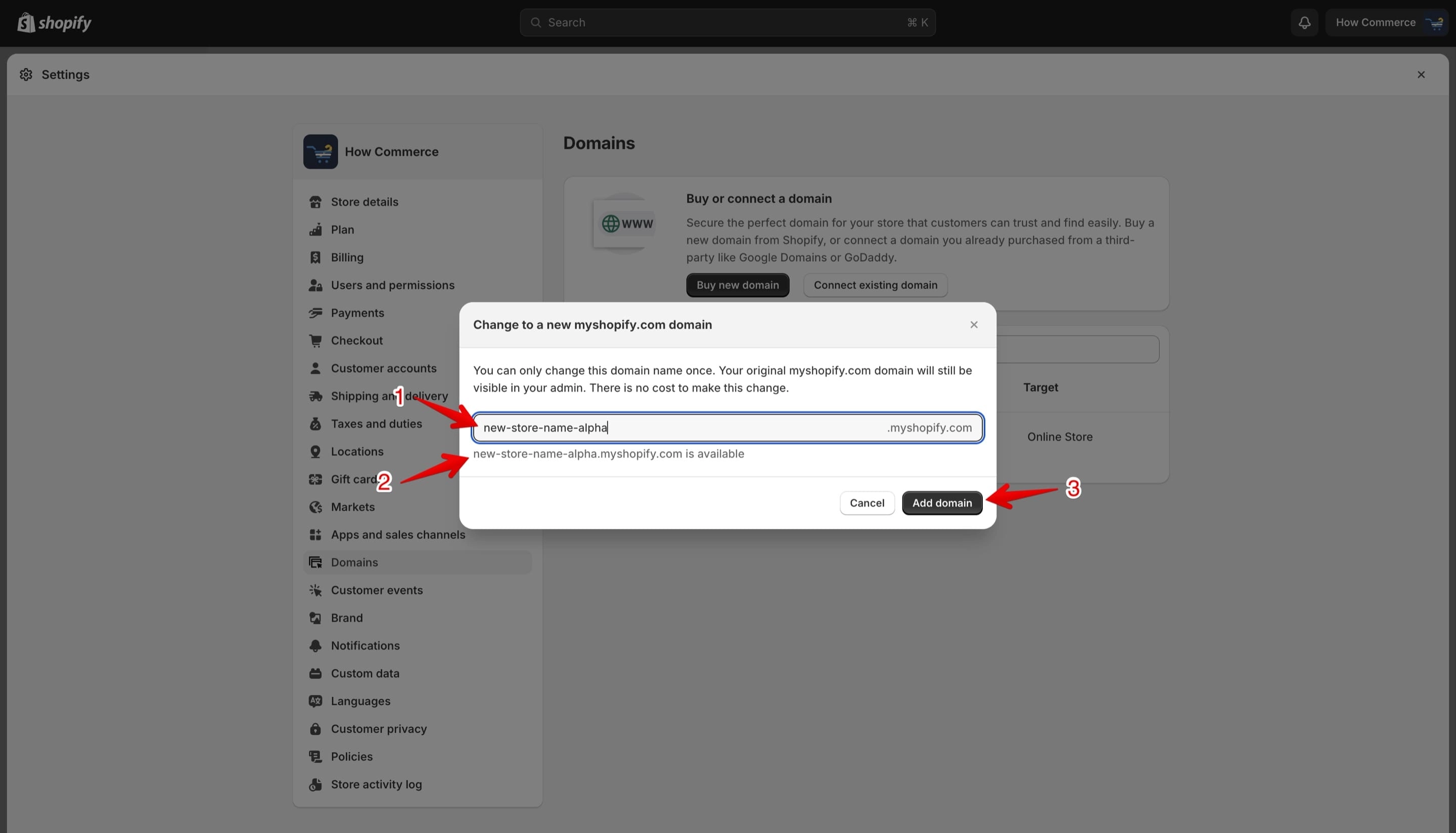 Success message when the new subdomain name is available on Shopify