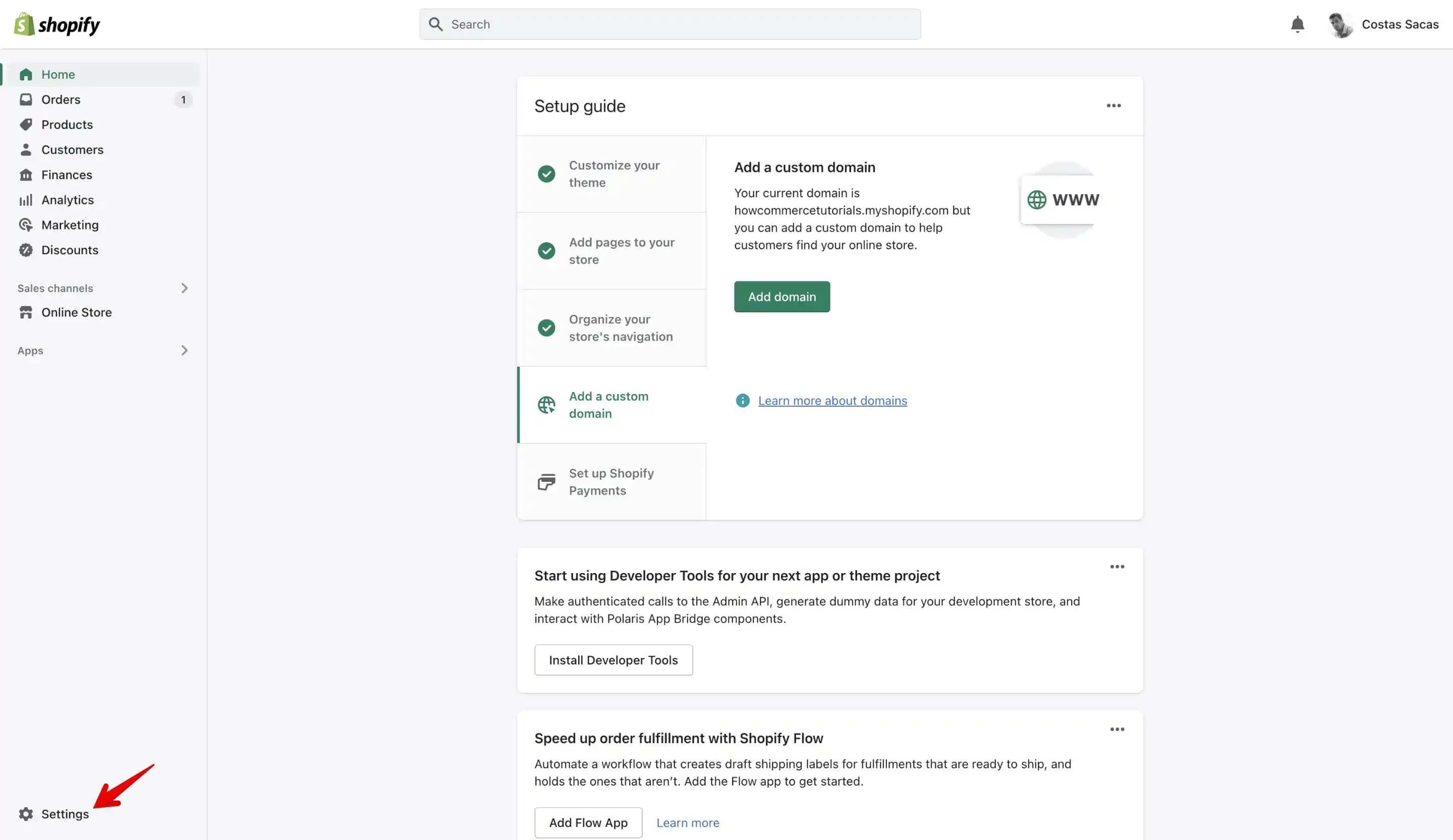 Shopify Settings menu item