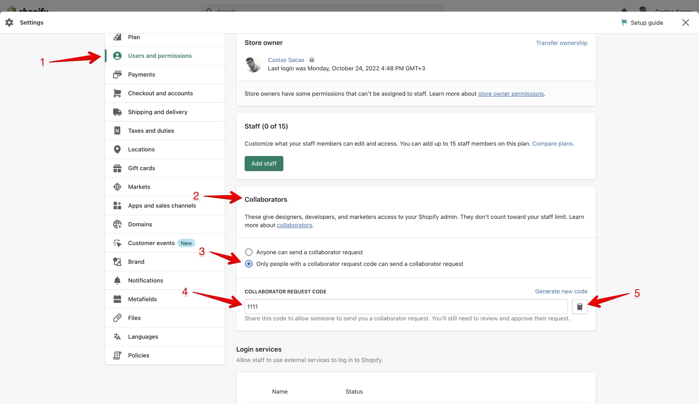 Shopify Settings pop-up window with the Collaborator request code