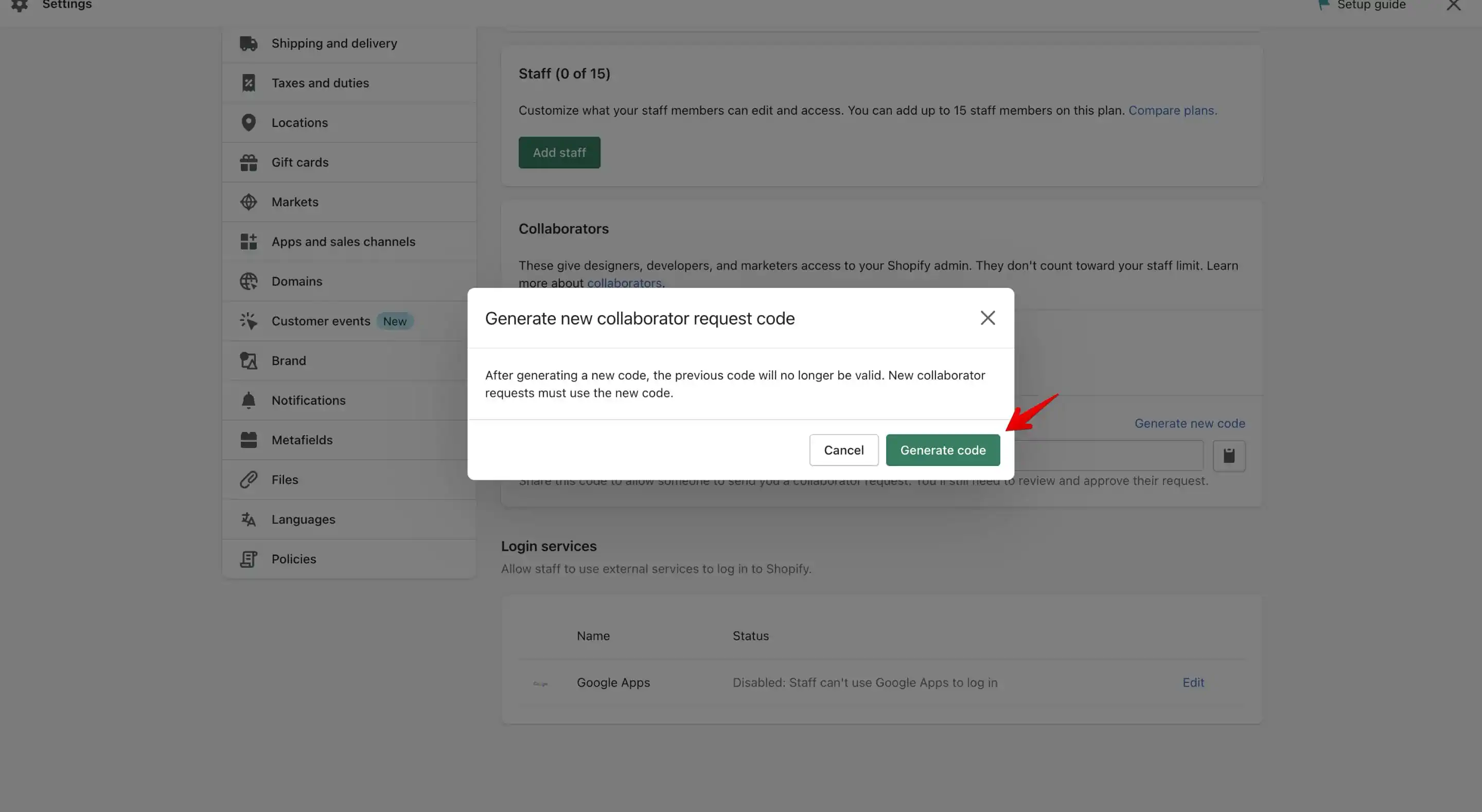 Generate new code pop-up