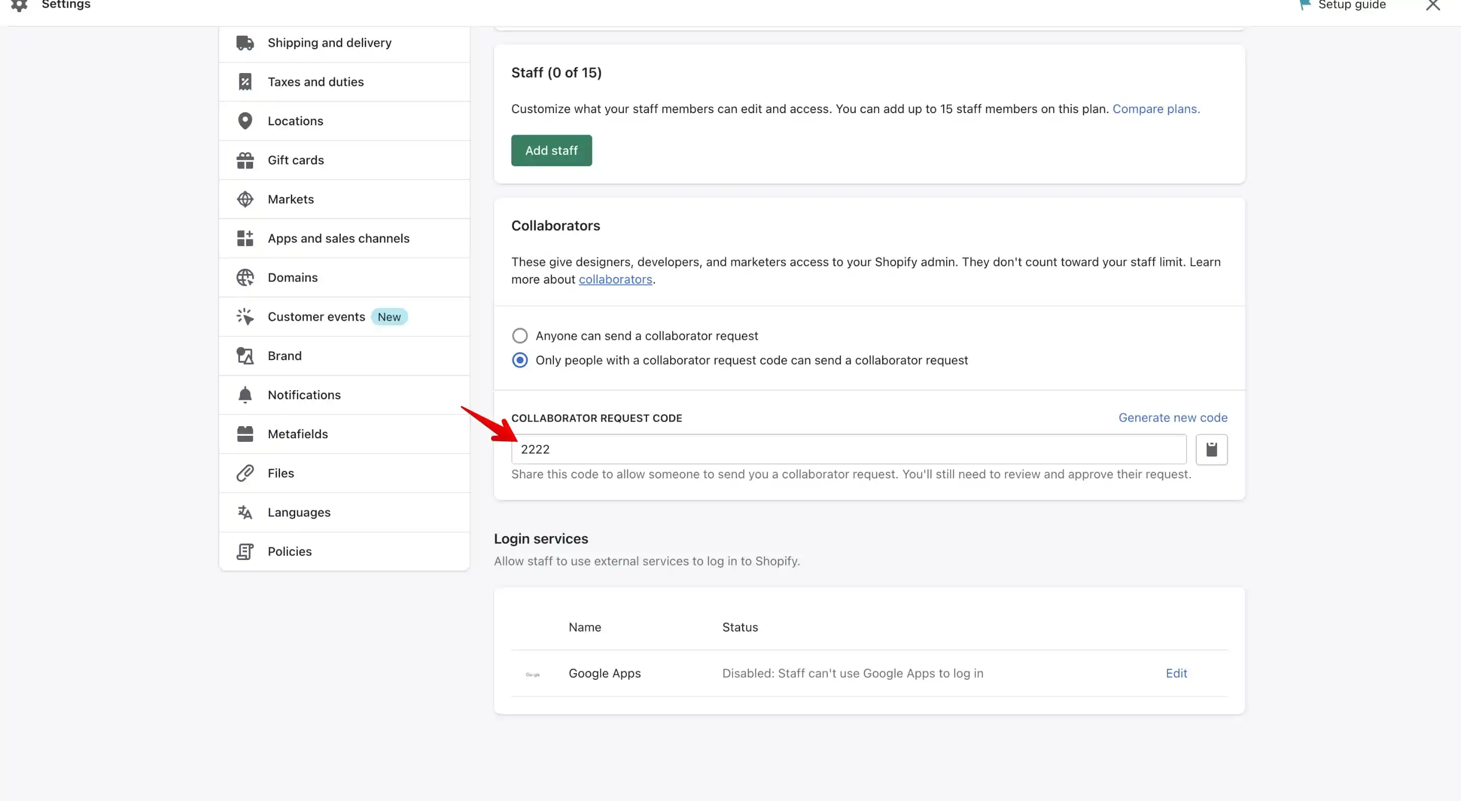 New Collaborator request code generated by Shopify