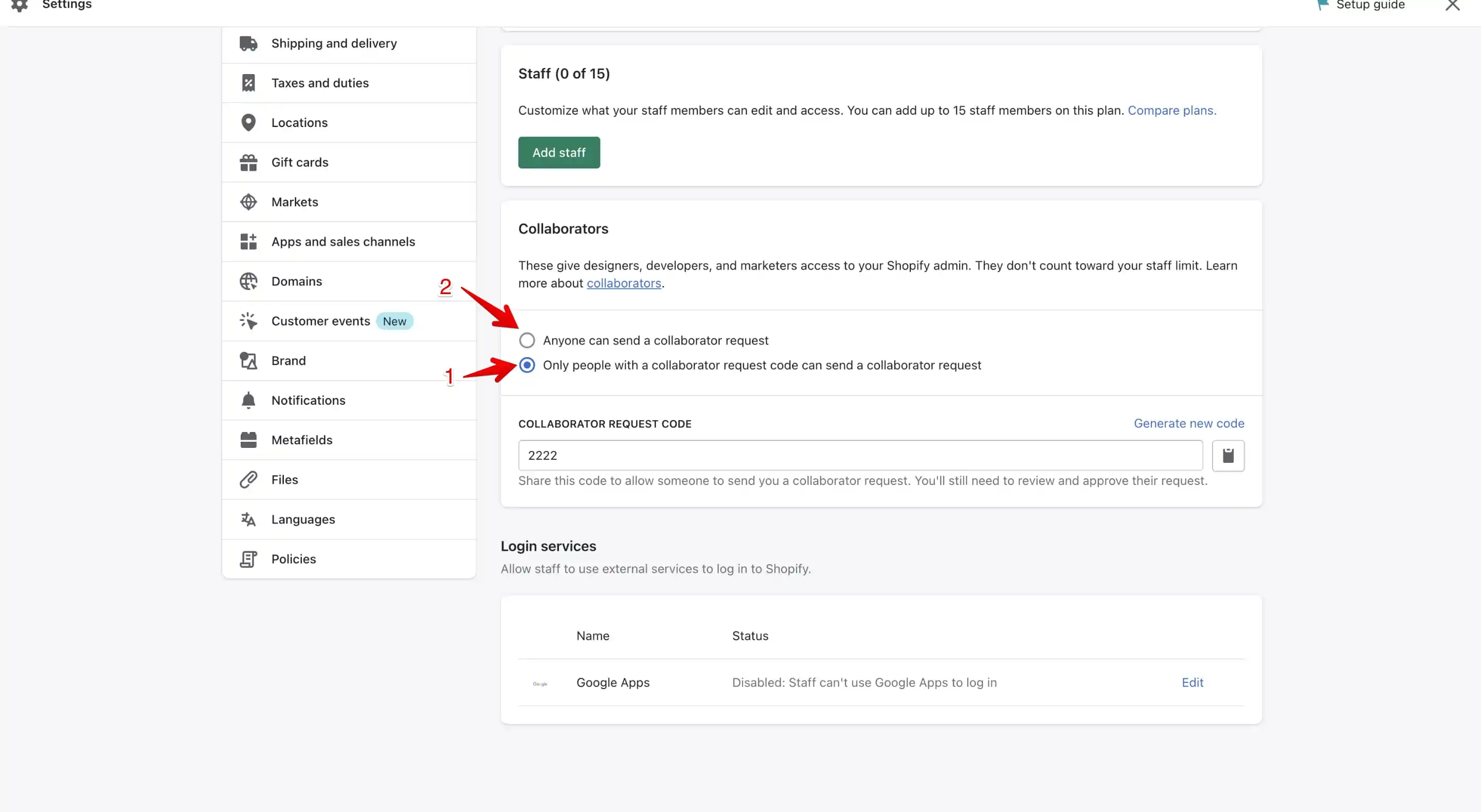 Enable / Disable Collaborator request code options