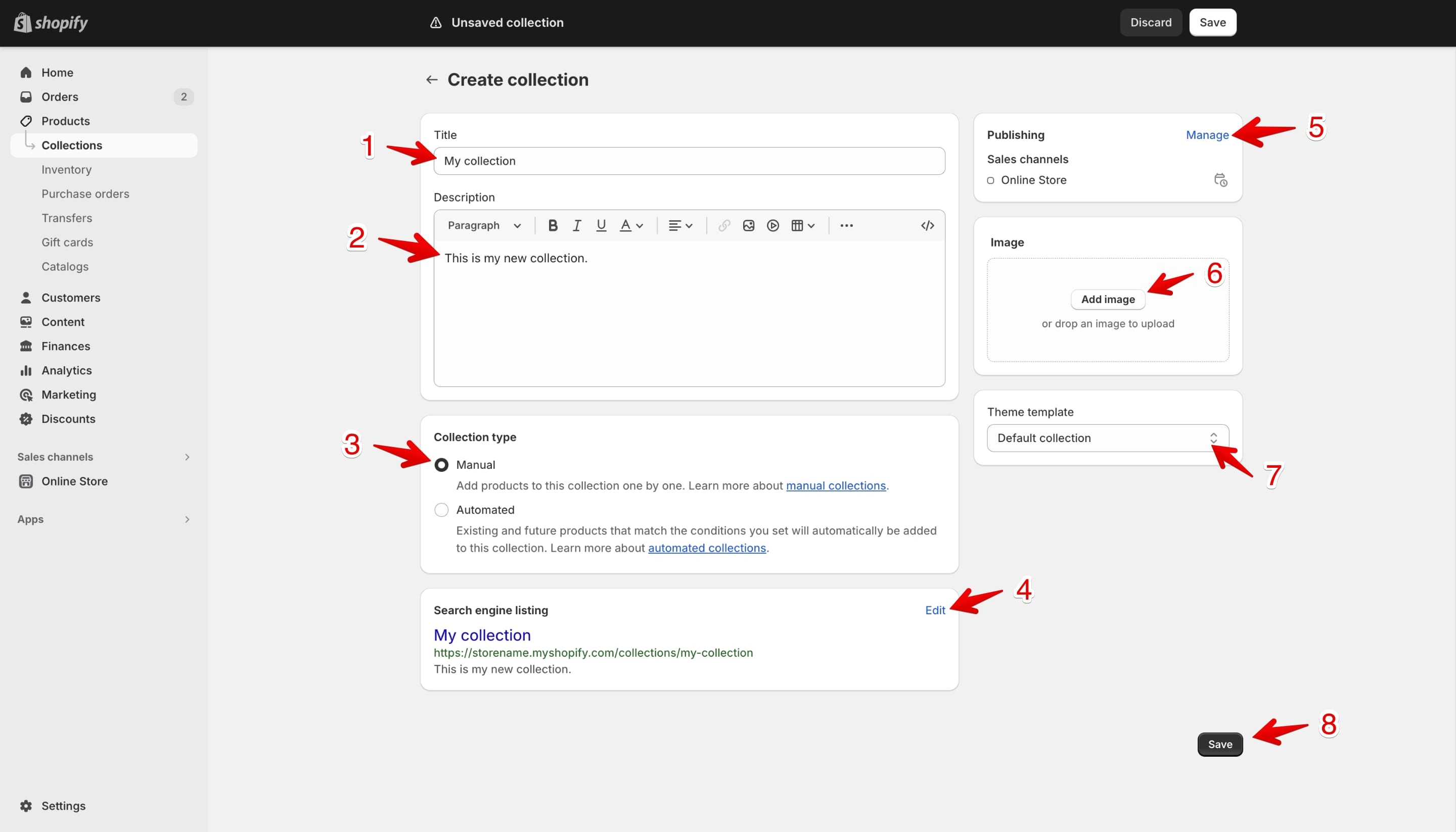 Shopify manual collection edit page