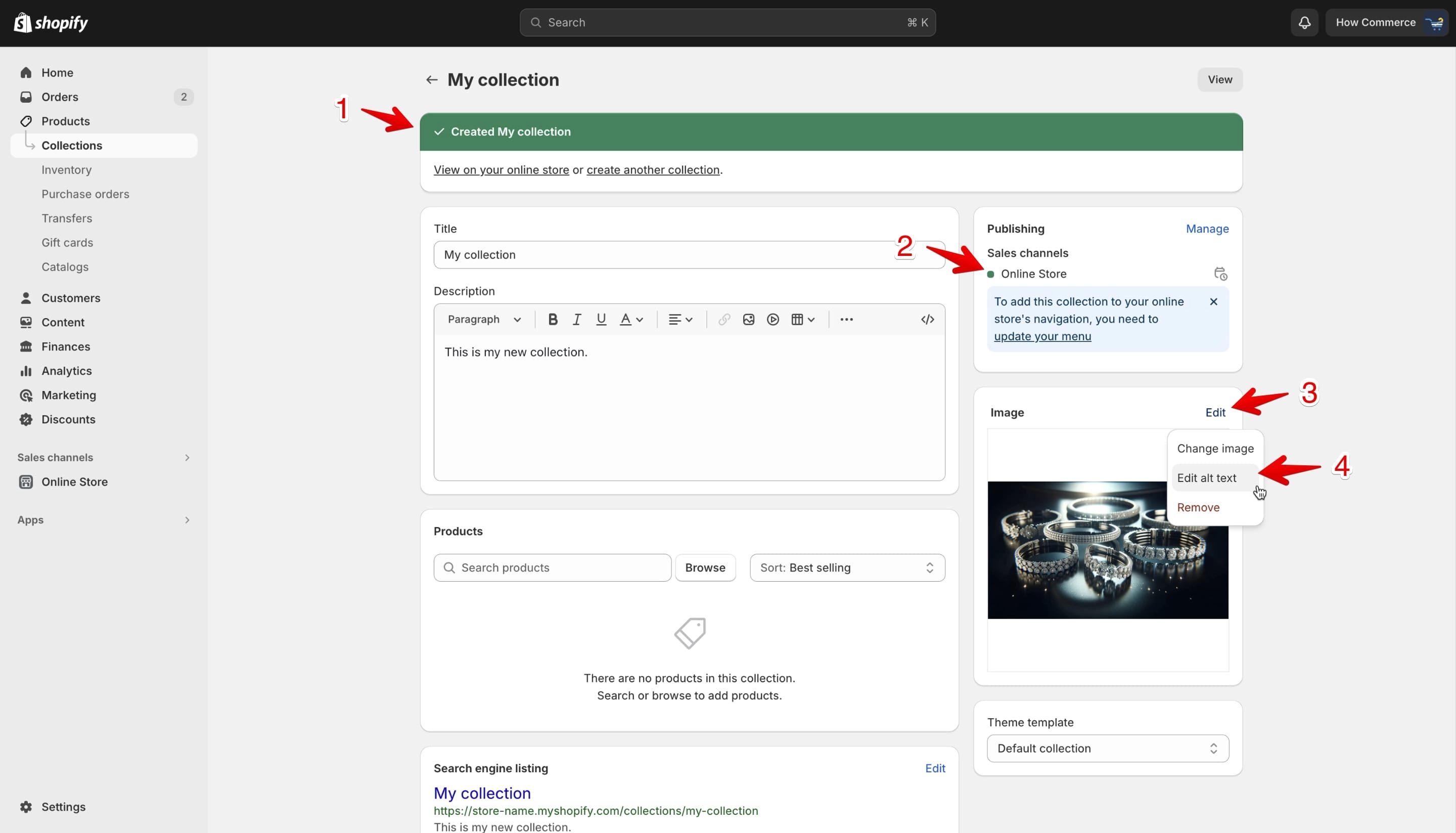 Add ALT text to the image on Shopify manual collection editing page