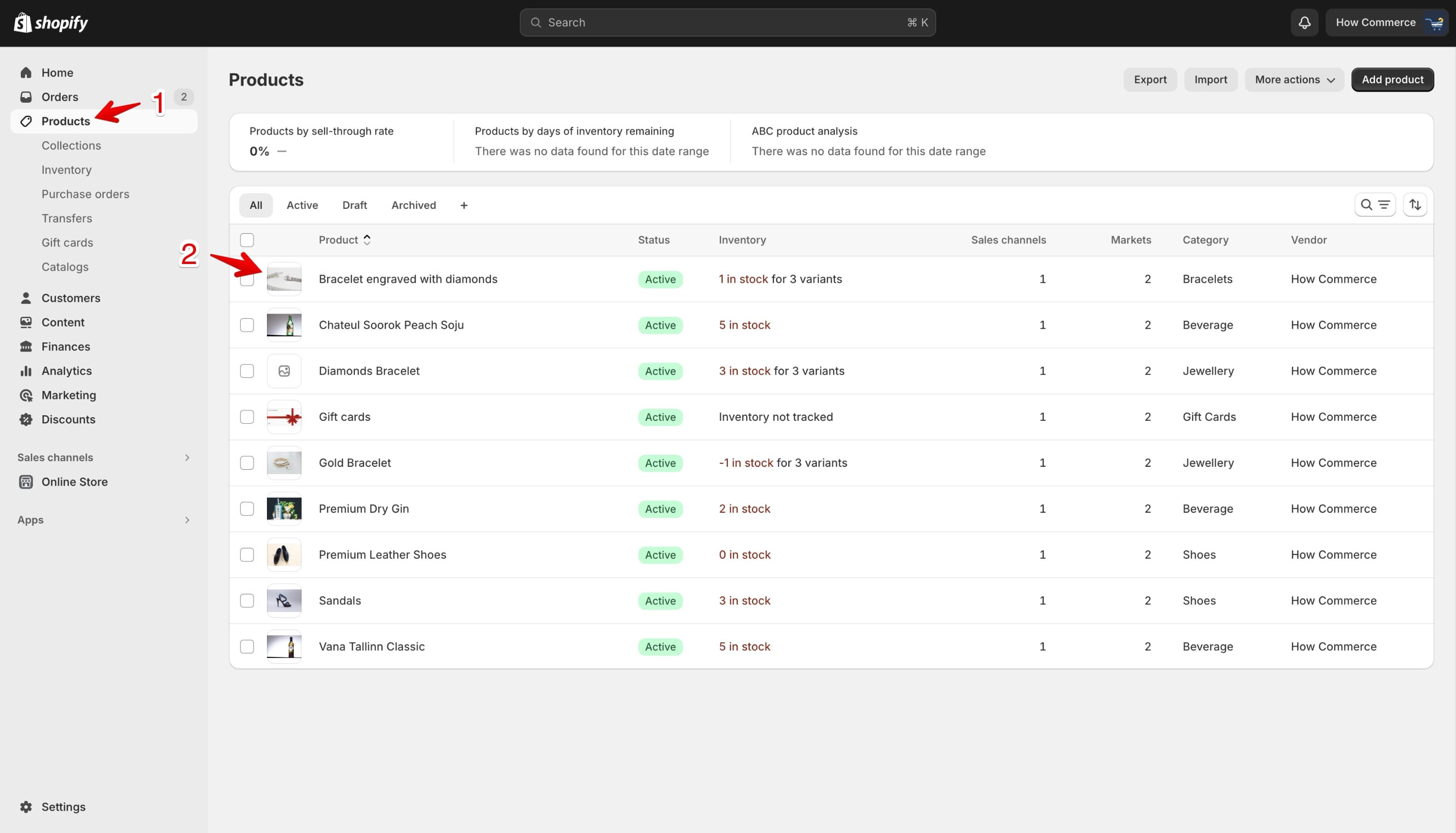 Select a product from the product listing page on Shopify