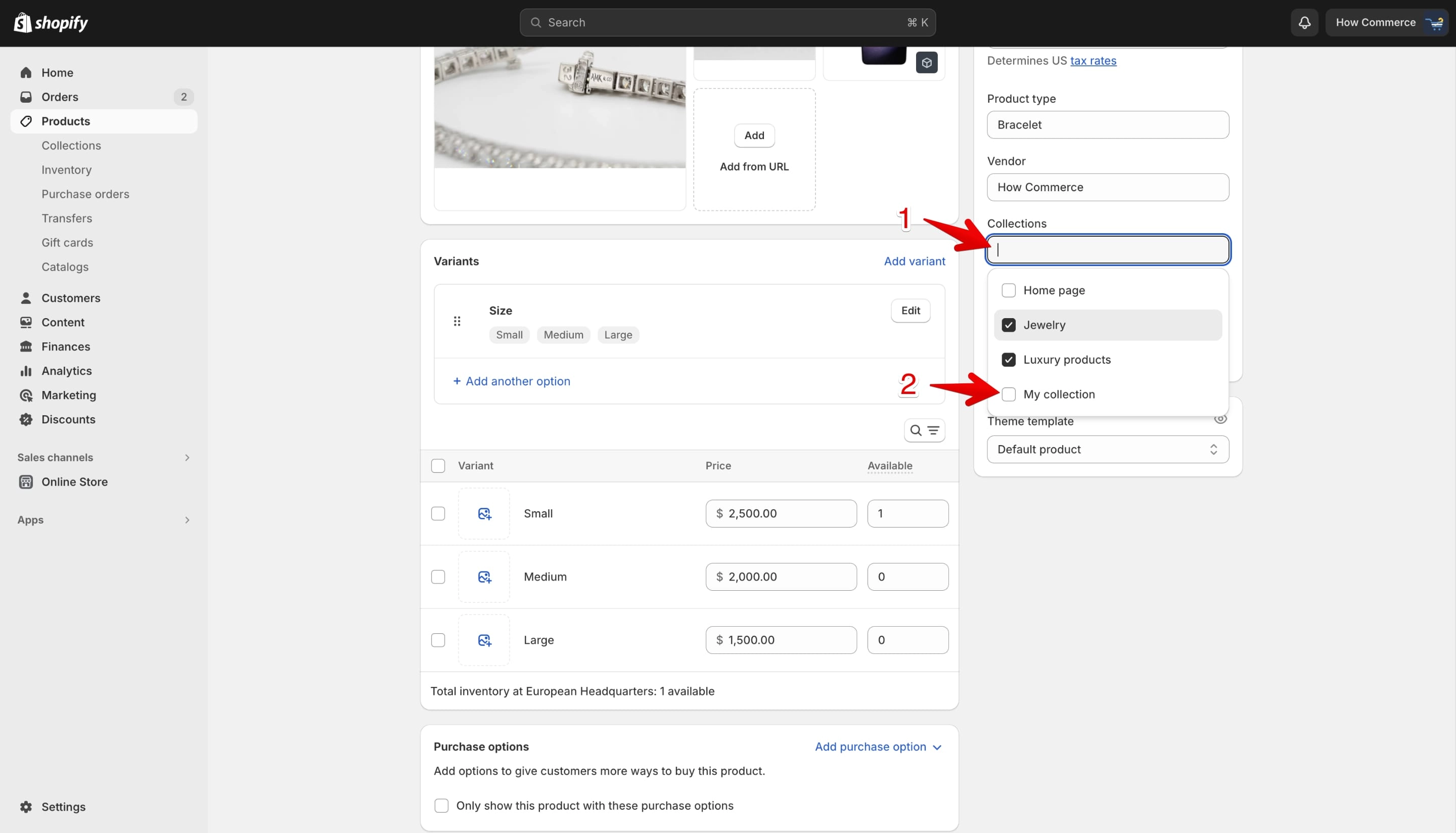 Select a collection to assign to the product on Shopify