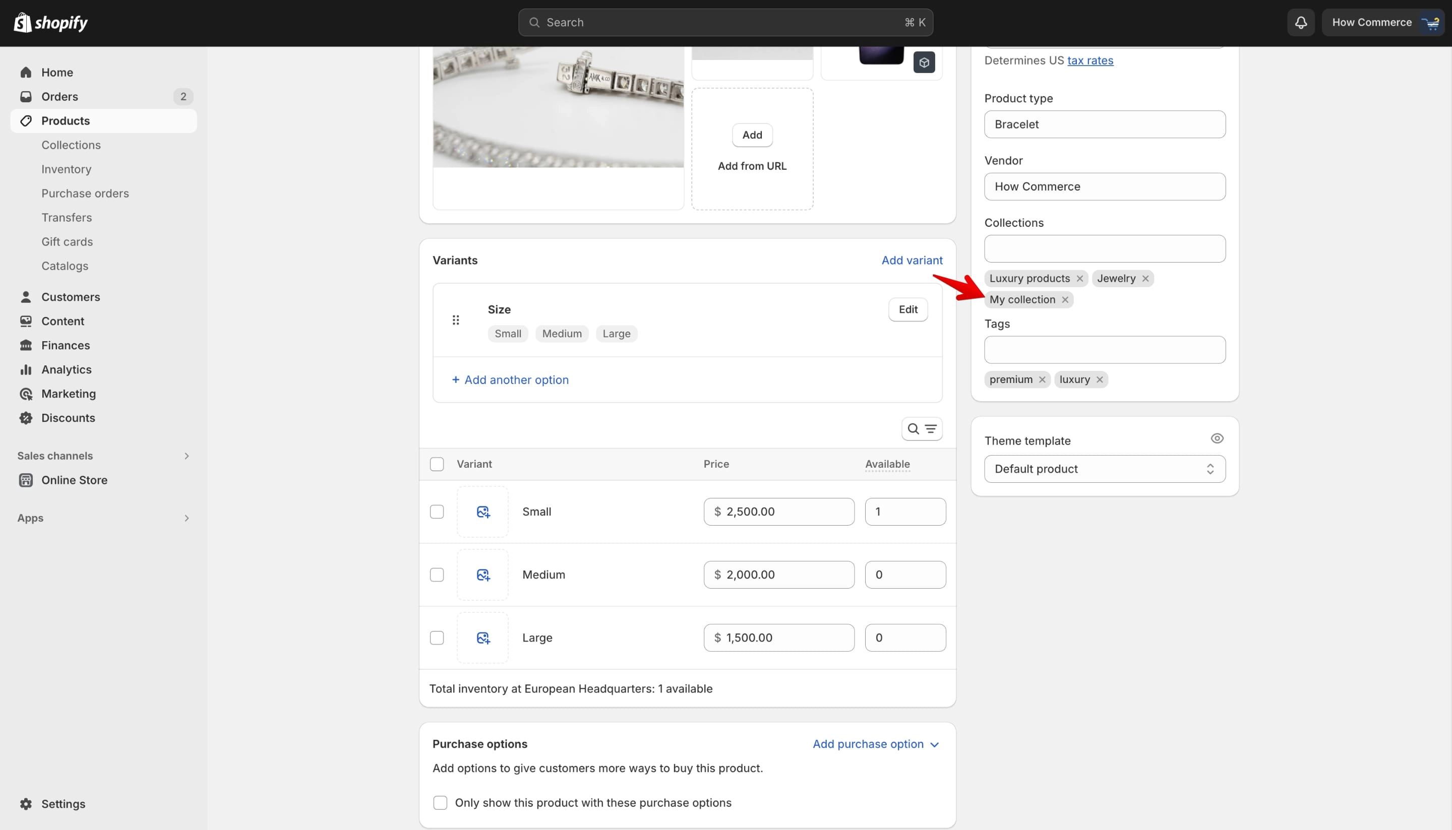 Manual collection assigned to a product on Shopify