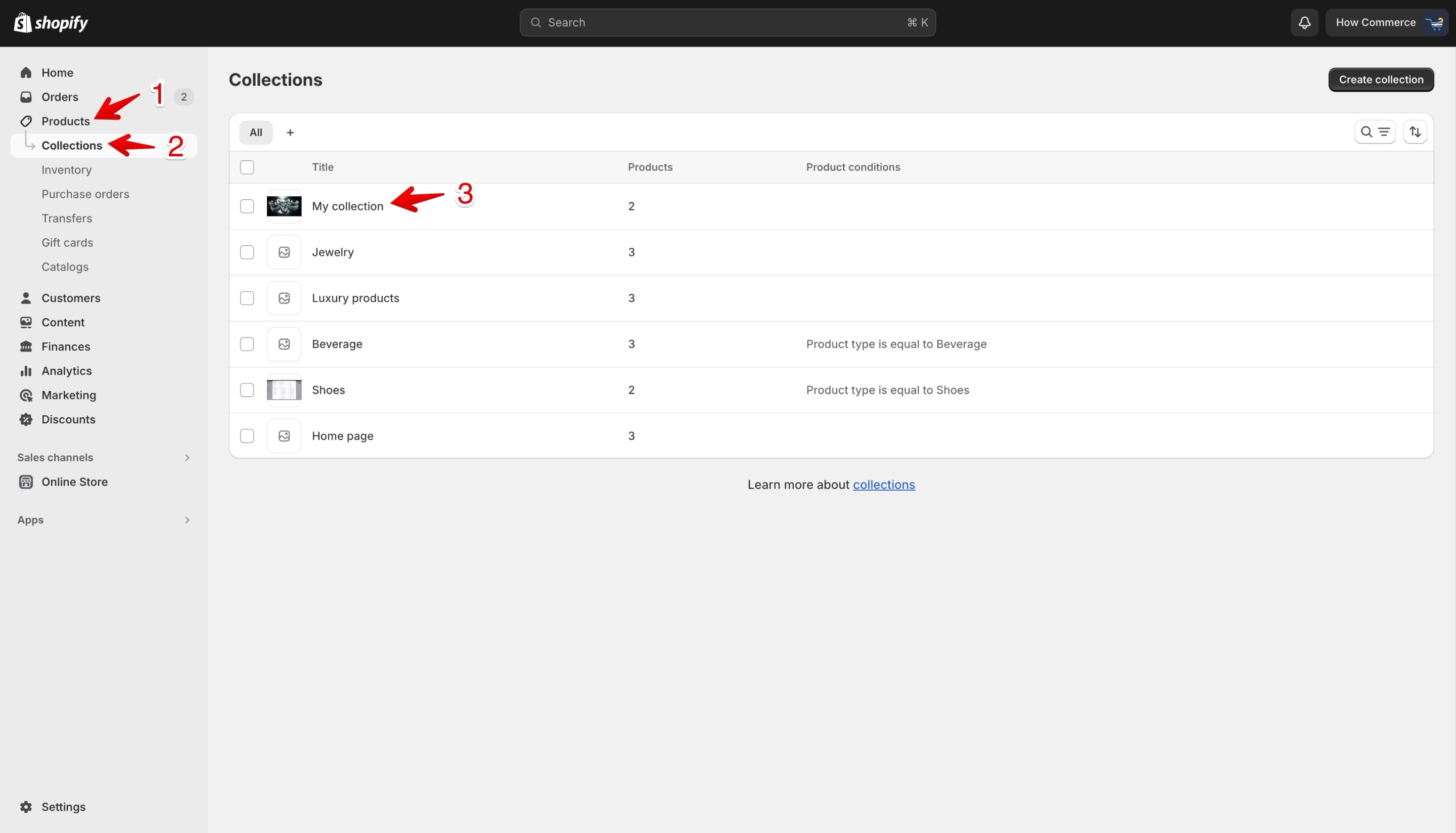 Select a collection on the collections listing page on Shopify