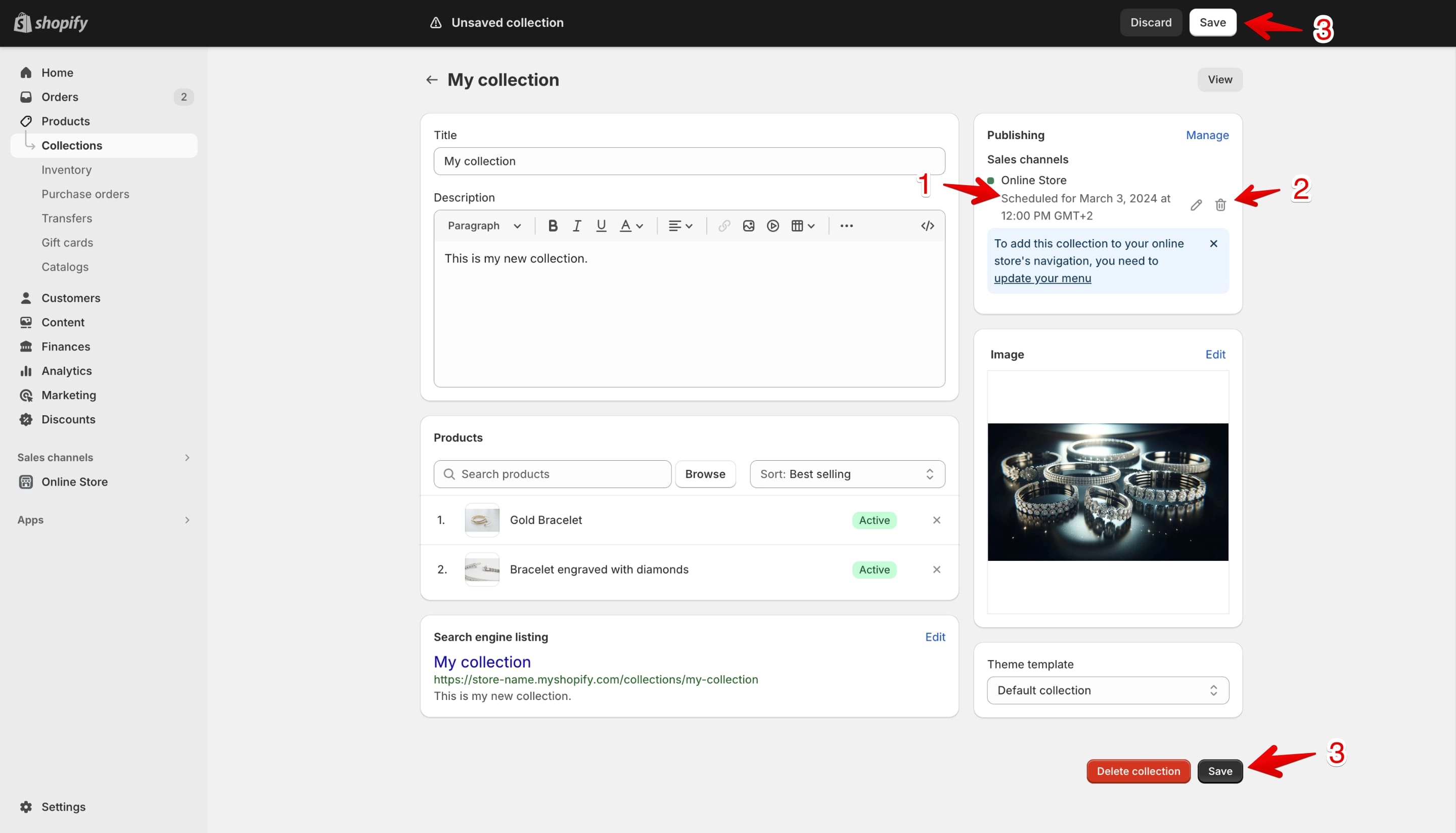 Date and time set on the collection edit page on Shopify