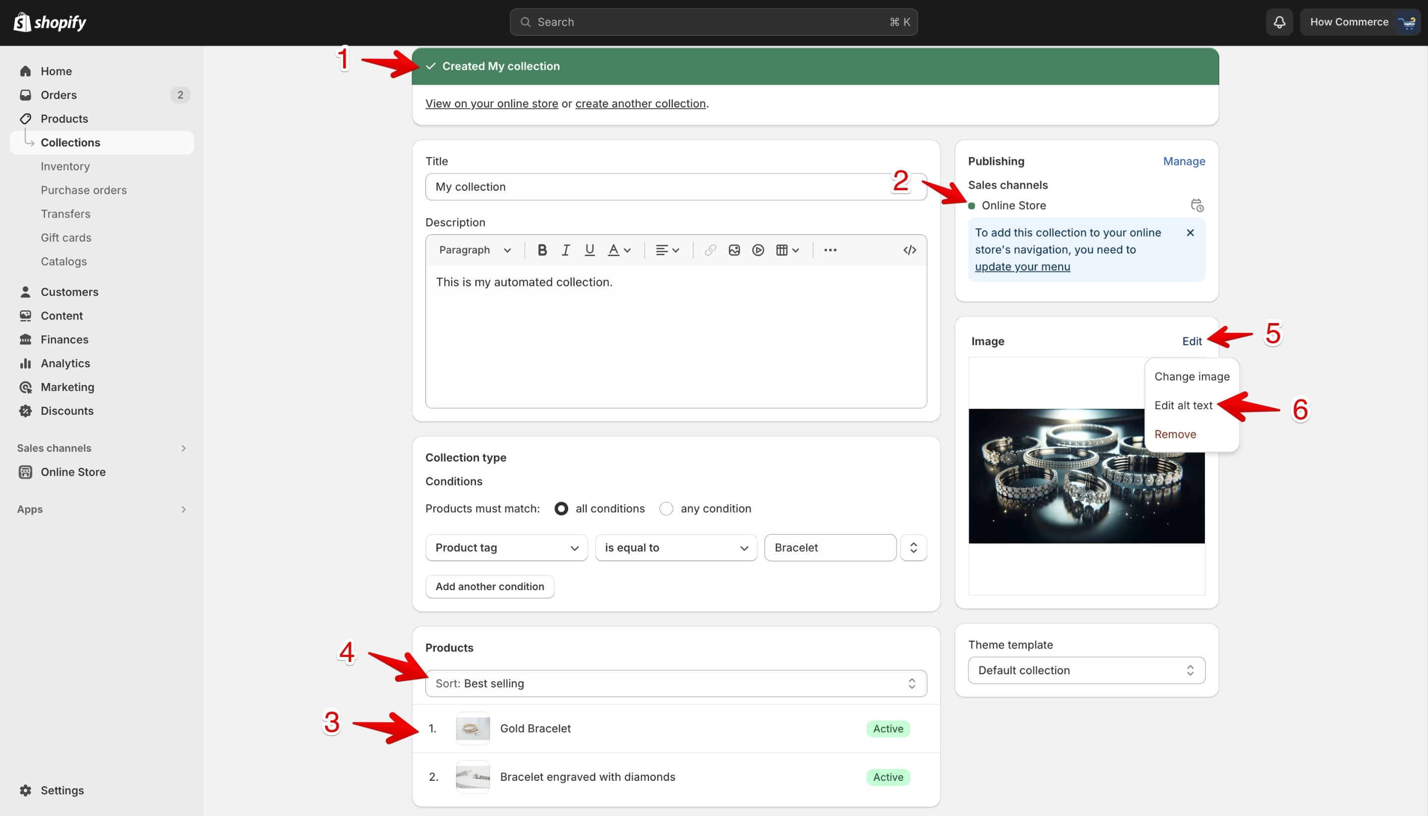 Shopify automated collection created success message