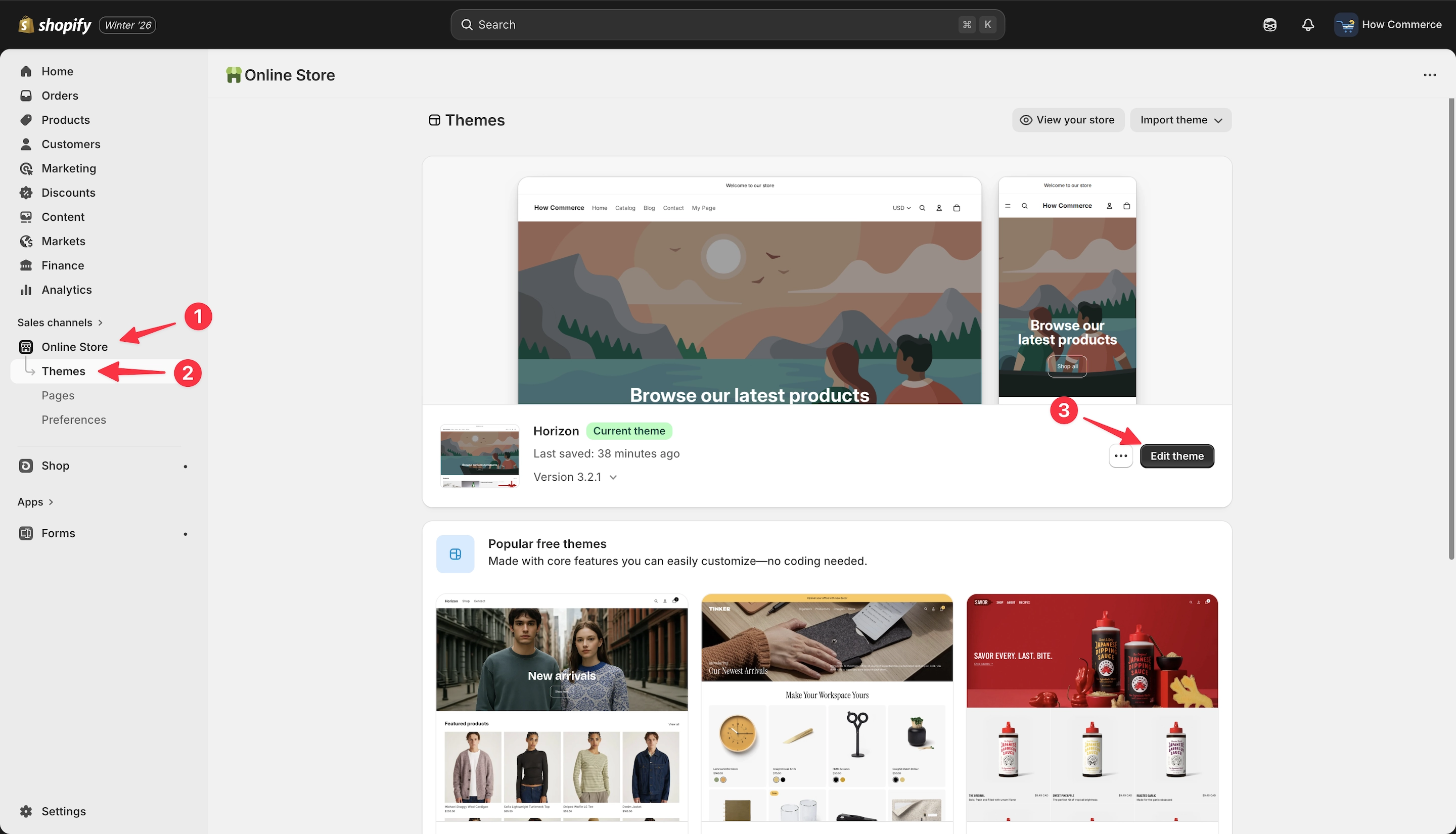 Shopify Themes listing page in admin