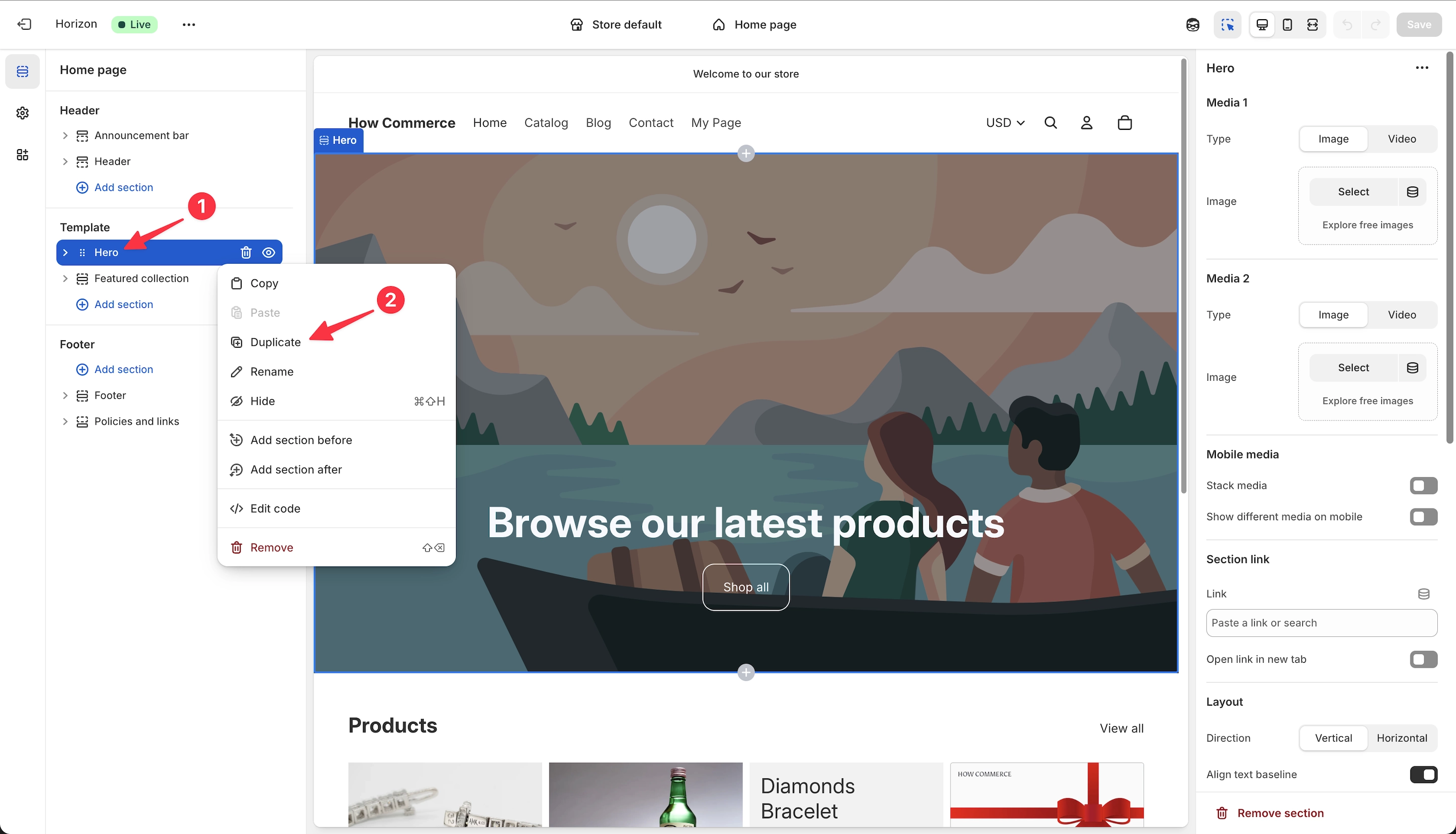 Duplicate a section inside the Shopify theme editor