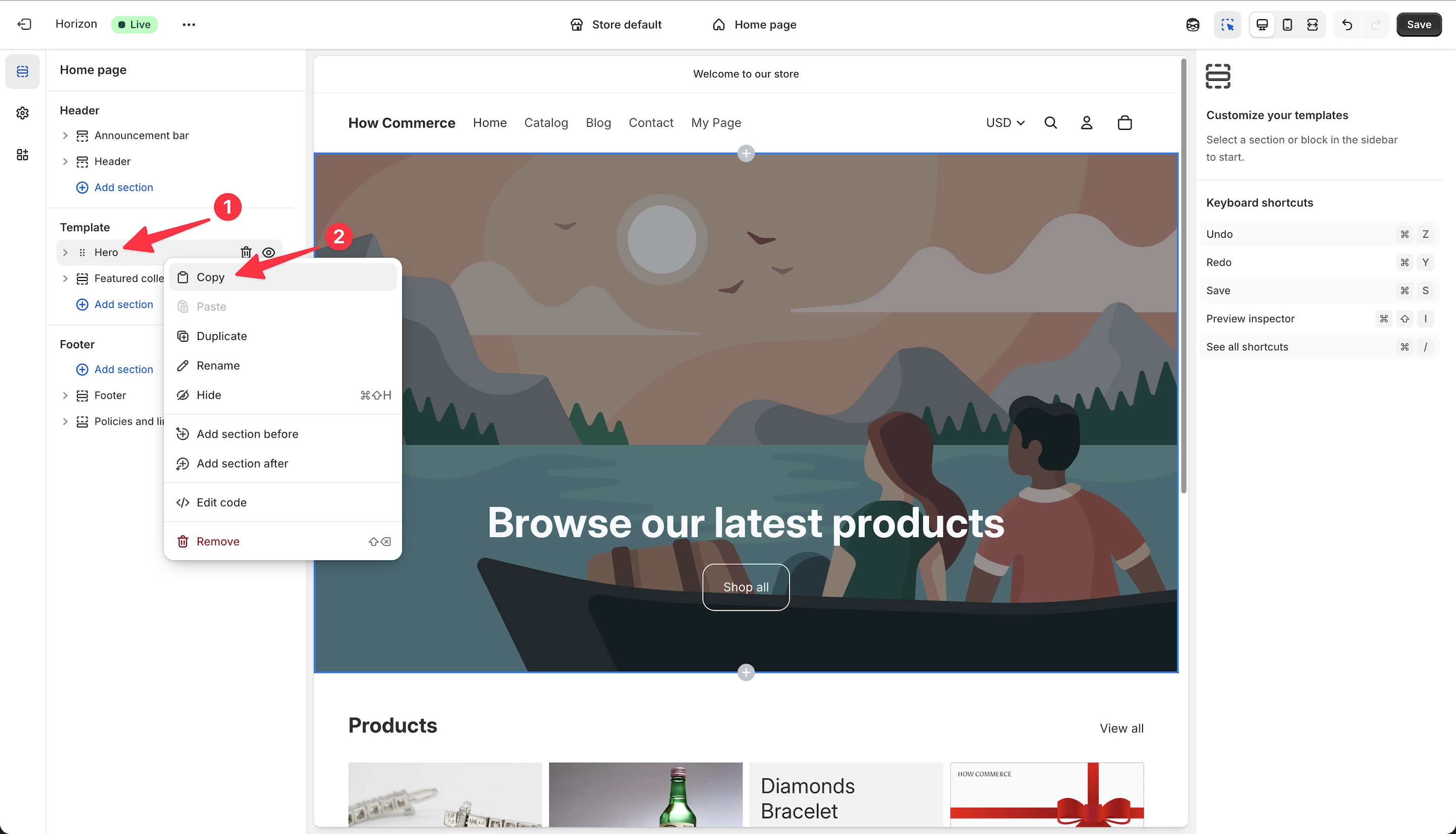 Copy a section inside the Shopify theme editor