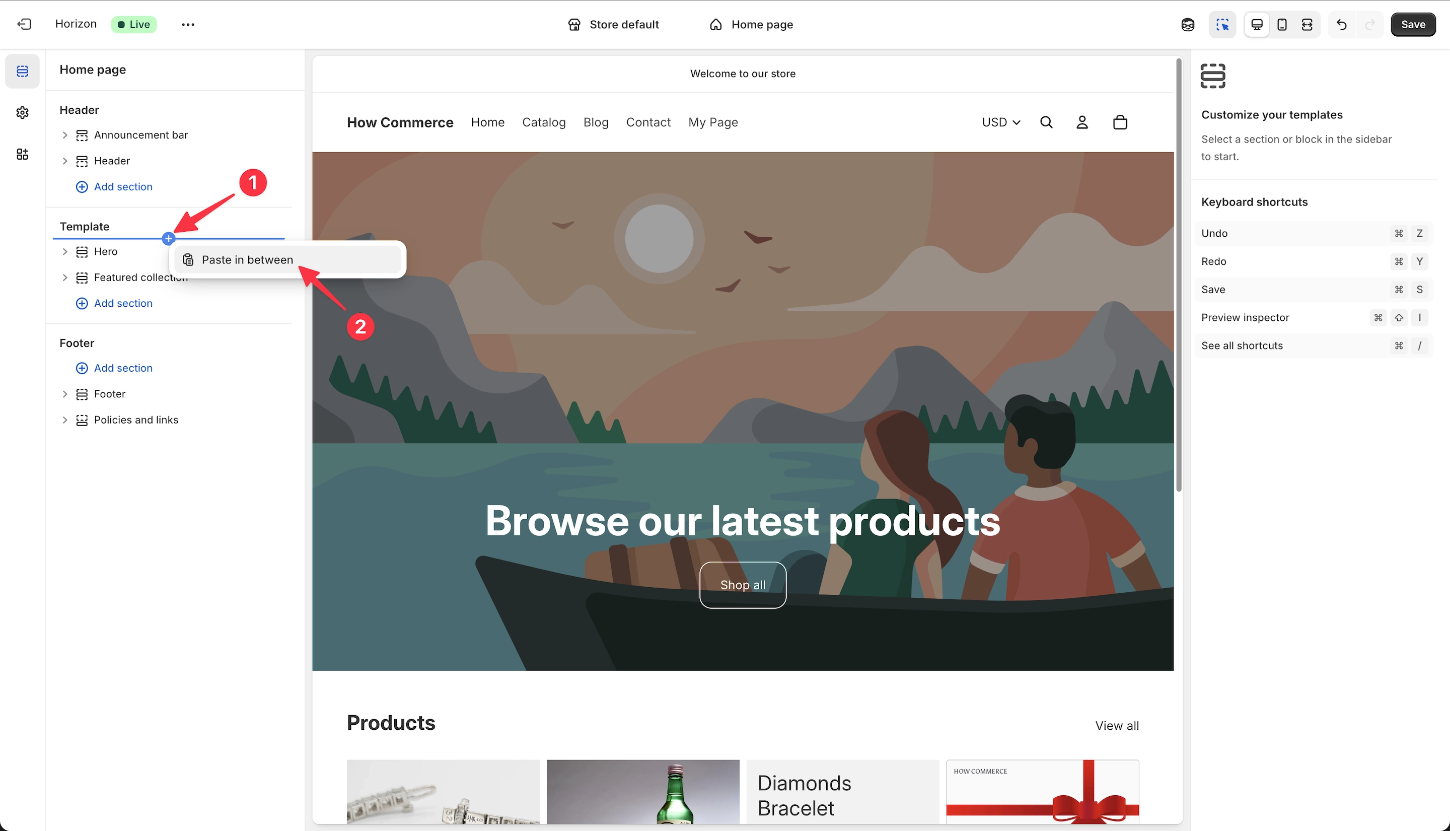Paste a section between sections inside the Shopify theme editor