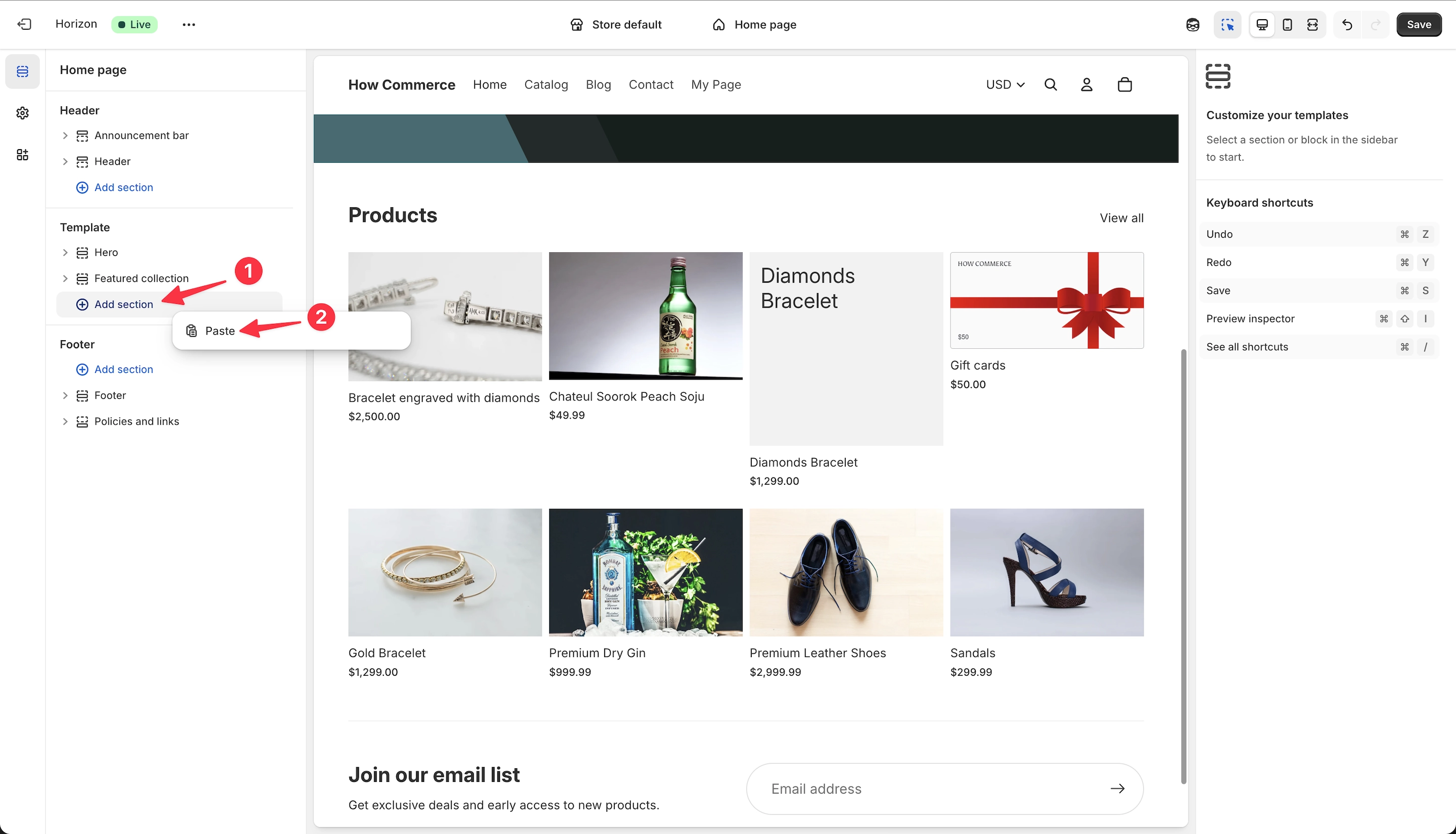 Paste a section as a new section inside the Shopify theme editor