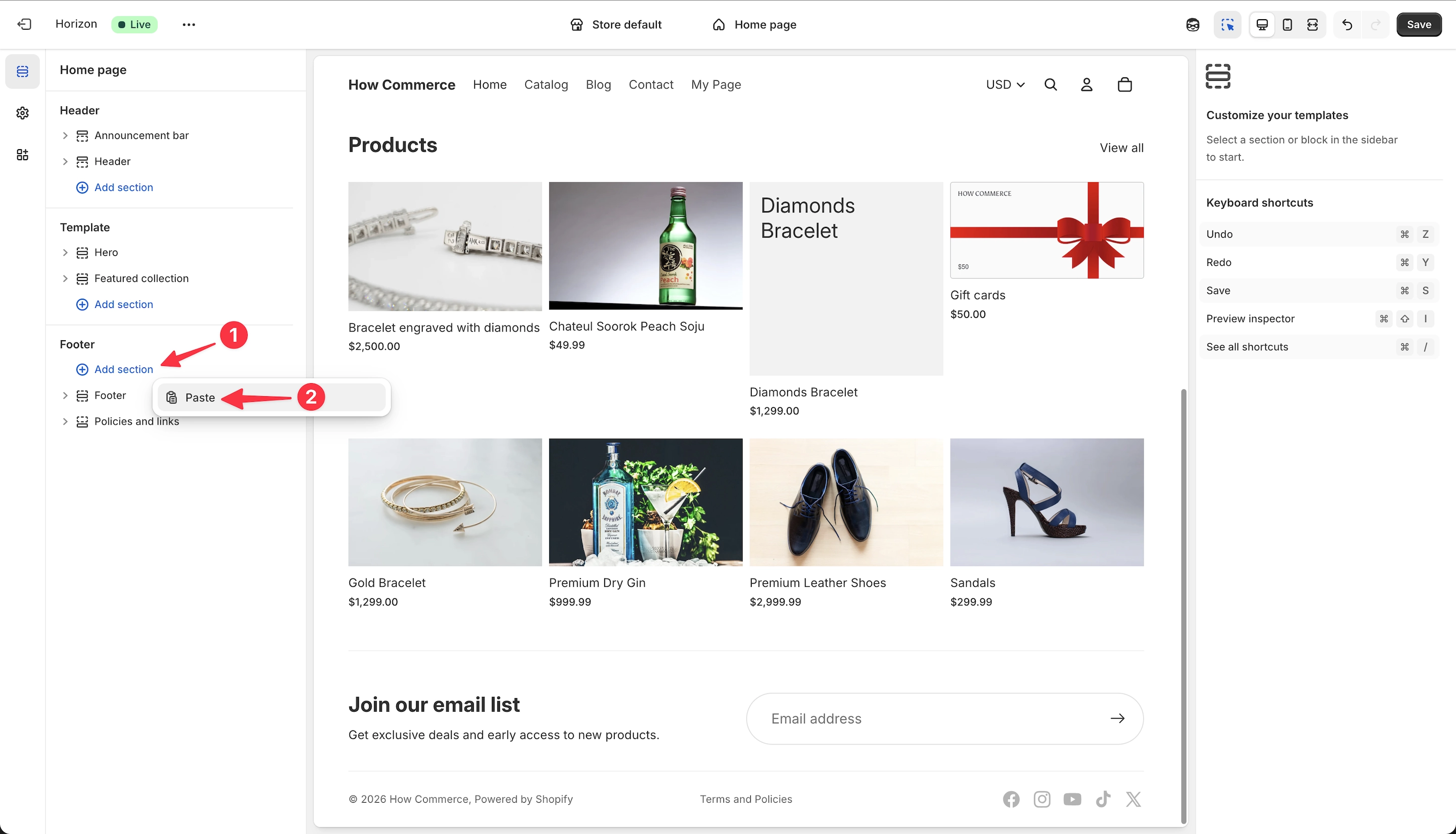 Paste a section in a different section group inside the Shopify theme editor