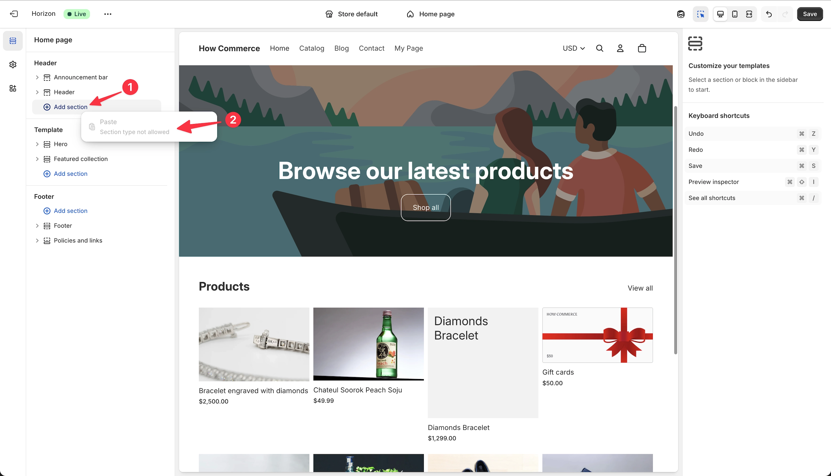 Section not allowed in a different section group inside the Shopify theme editor