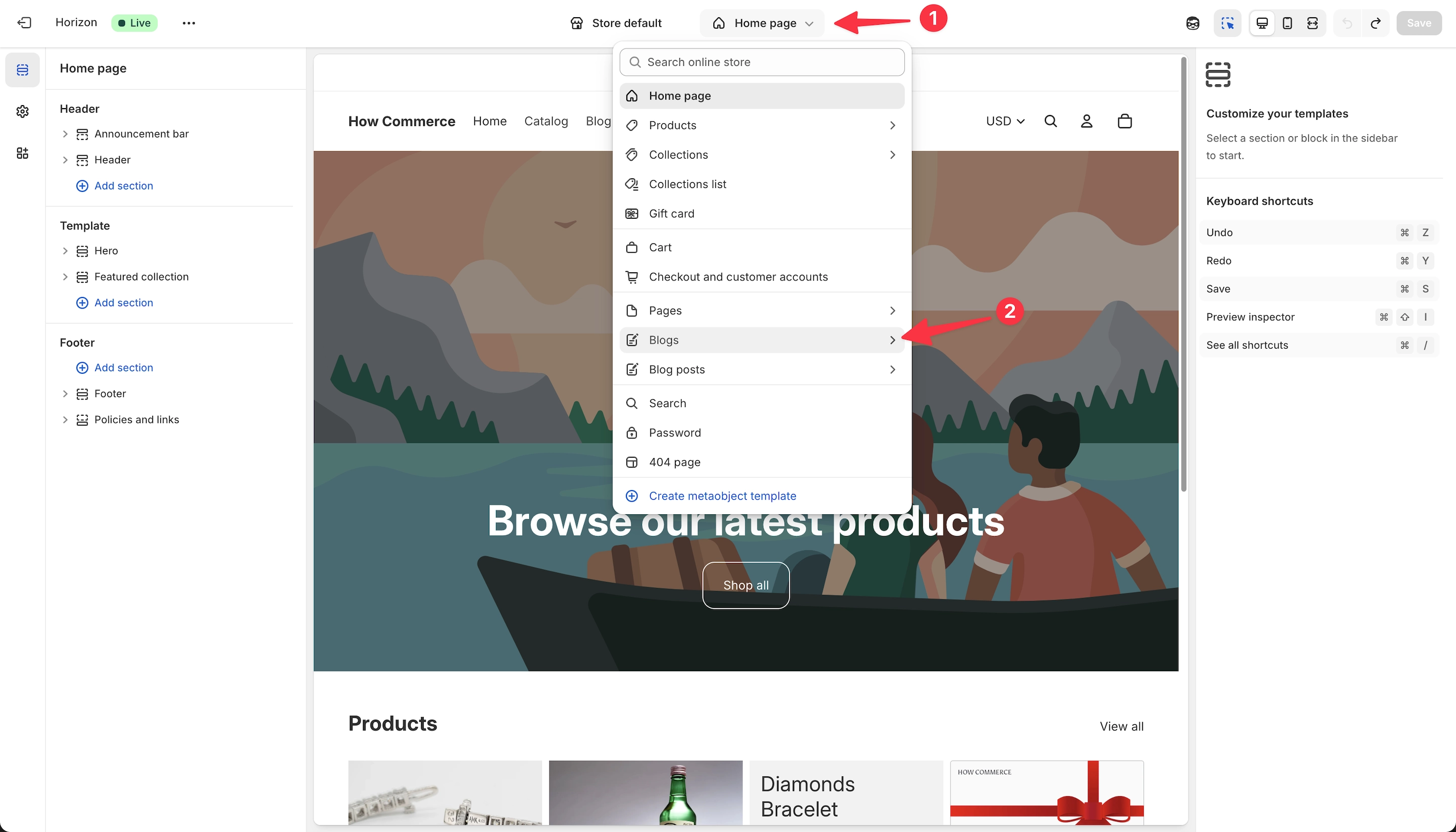 Select a templates group inside the Shopify theme editor