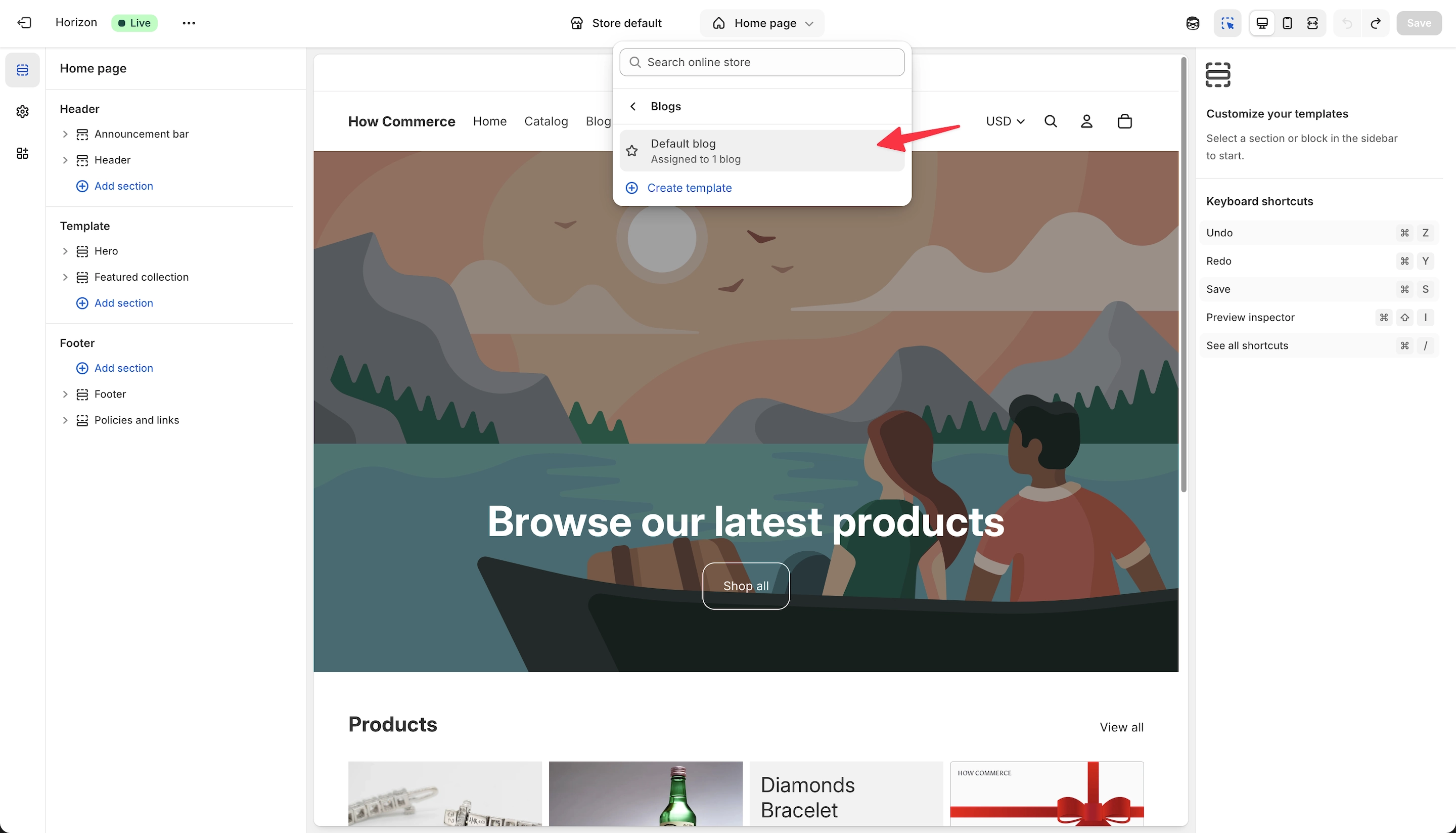 Select a page template inside the Shopify theme editor