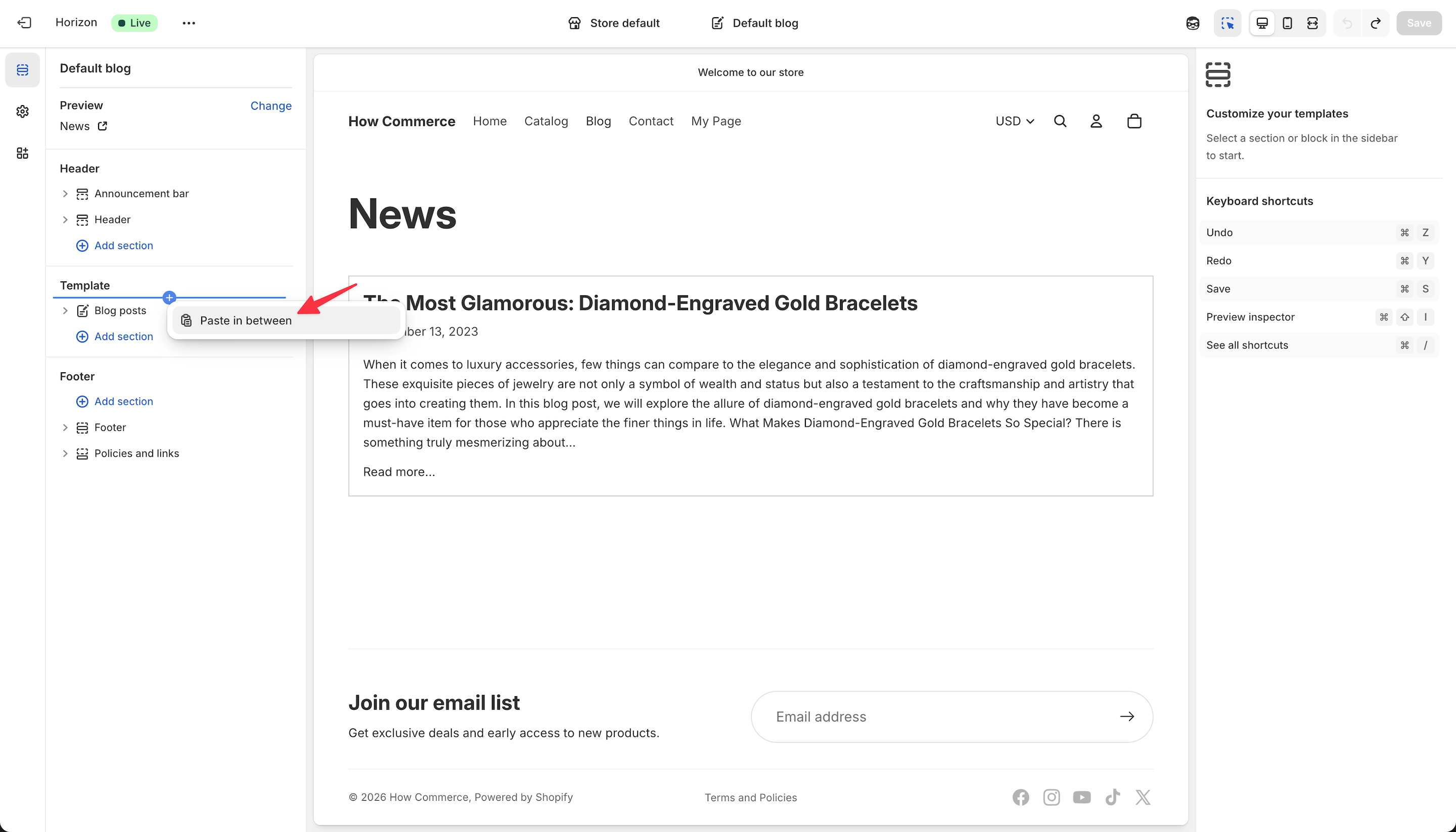 Paste section in between sections and inside a section group in the Shopify theme editor